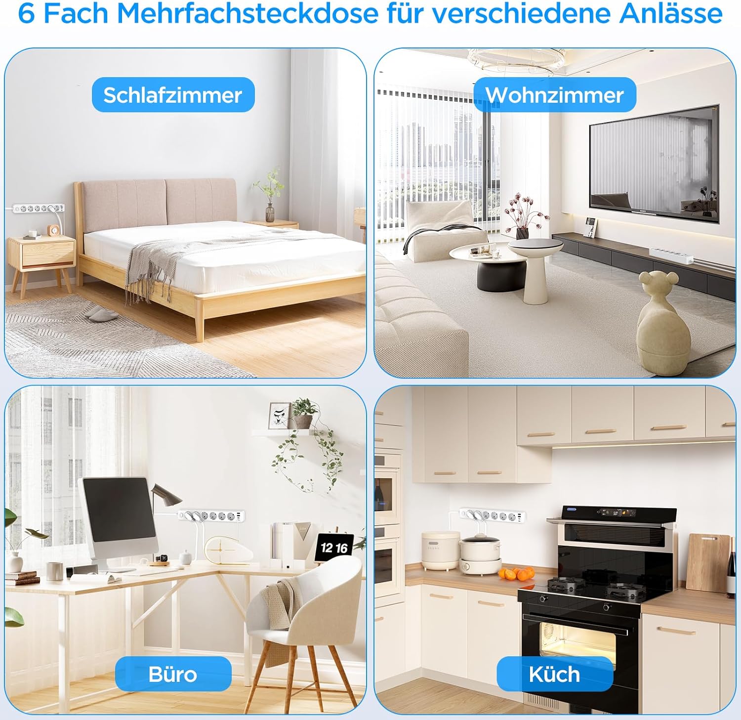 Thumbnail 6 de Steckdosenleiste mit 4 USB (Type‑C & A), 6-fach Mehrfachsteckdose mit Schalter – 3680 W, 16 A, 1,8 m Kabel, Wandmontage (weiß)