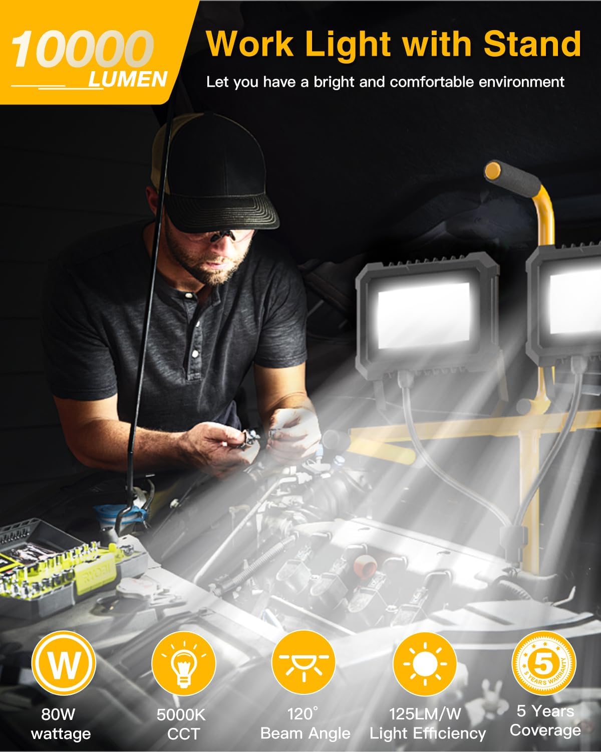 Thumbnail 1 de JC-LGL RMS-L231180 80W Dual-Head LED Work Light, 10,000 Lumens, IP65