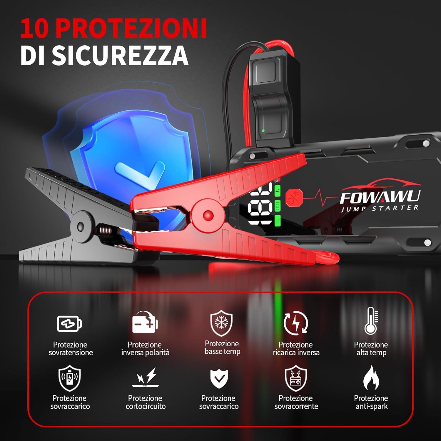 Detalle 2 de FOWAWU 7000A Avviatore Batteria Auto: Powerbank di Emergenza 26800 mAh per Auto/Moto con Sicurezza Intelligente