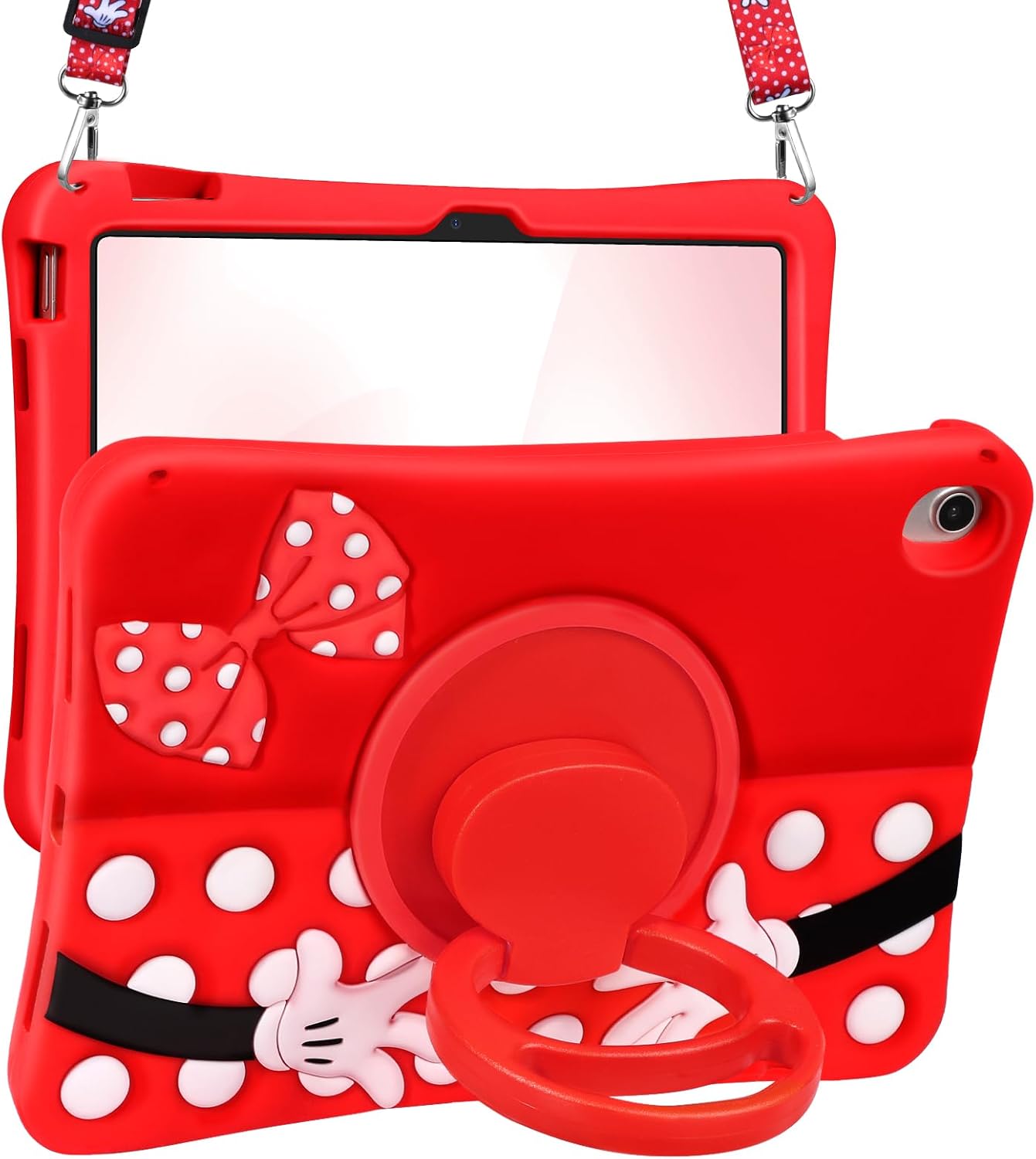 Detalle de Kokaade for iPad (A16) 11th Gen 11-Inch Case 2025 – Soft Silicone Cartoon with Shoulder Strap and Rotating Stand (Red)