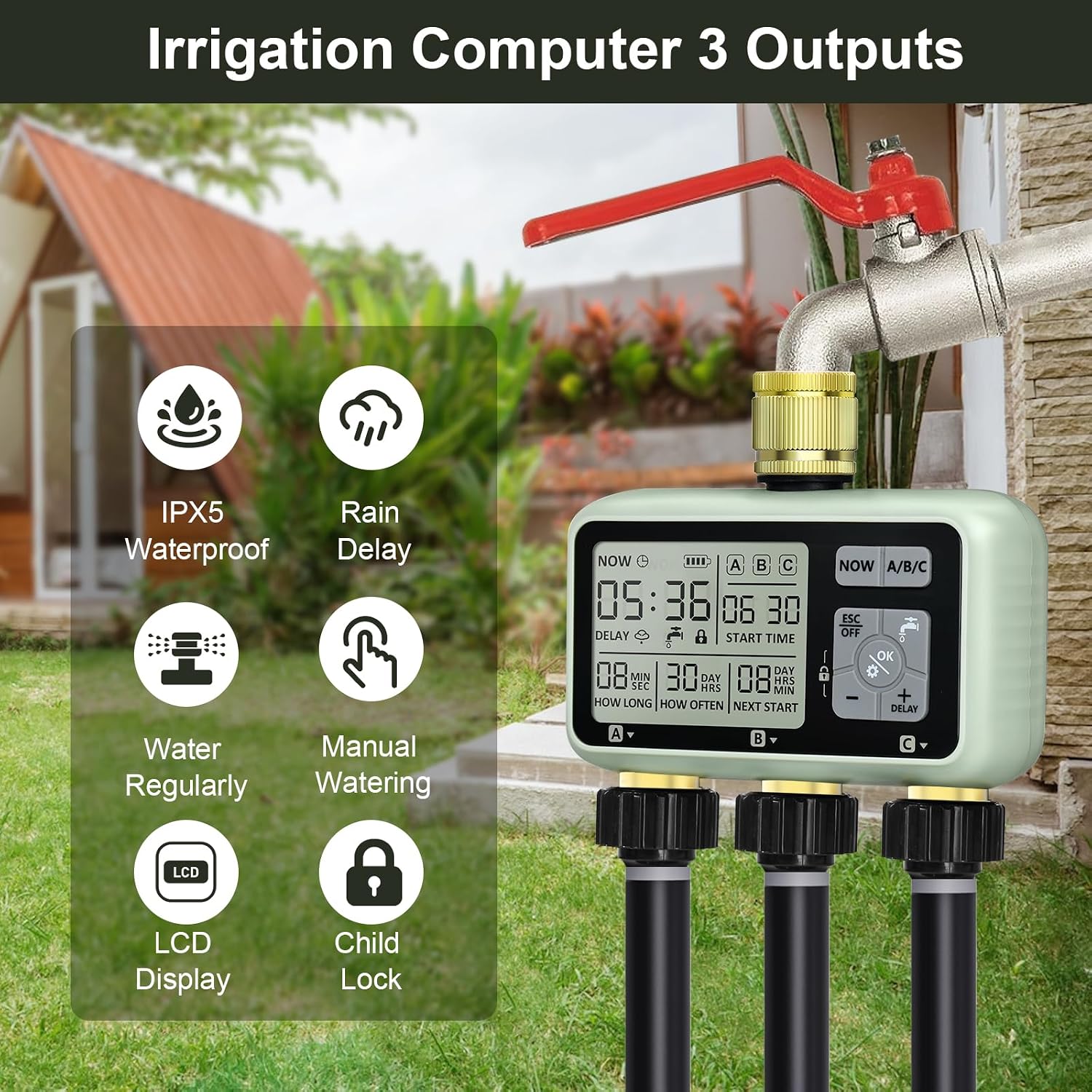 Detalle de Johgee Centralina di irrigazione a 3 uscite: controllo flessibile per giardino con ingresso/uscita in ottone