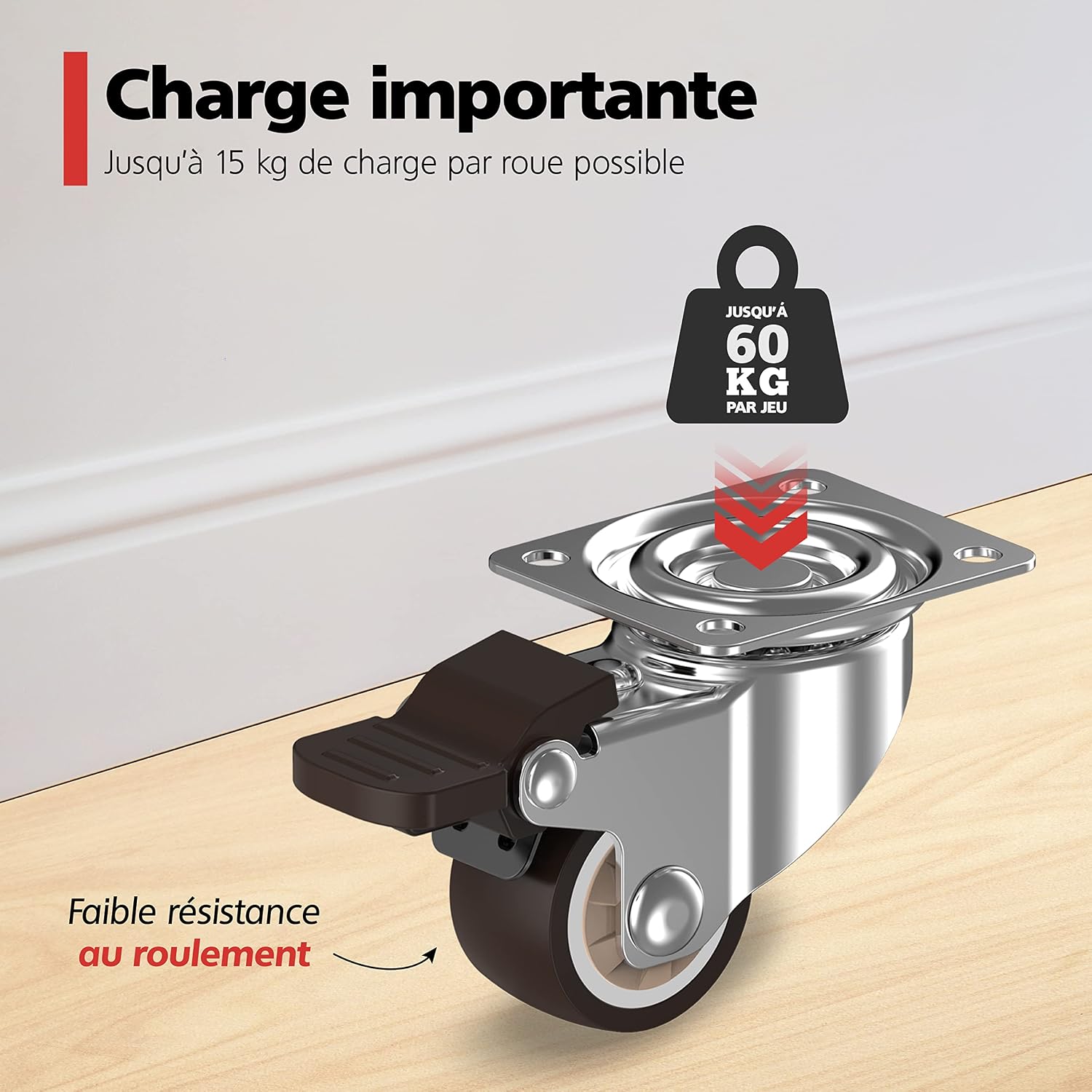 Detalle de RAVN HAMAN : set de 4 roulettes pour meubles 25 mm avec frein, charge jusqu’à 15 kg par roue