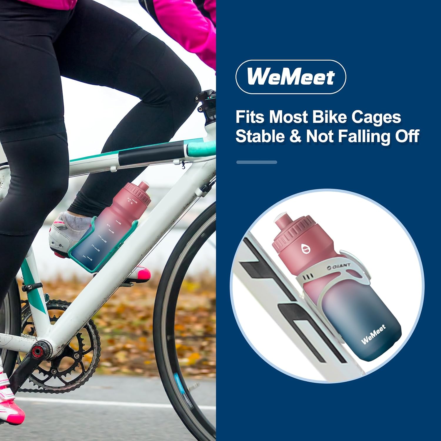 Detalle 2 de WEMEET Mountainbike Wasserflasche im 2er-Set (700 ml) mit selbstdichtendem Deckel, BPA-frei – Schwarz/Rot/Blau