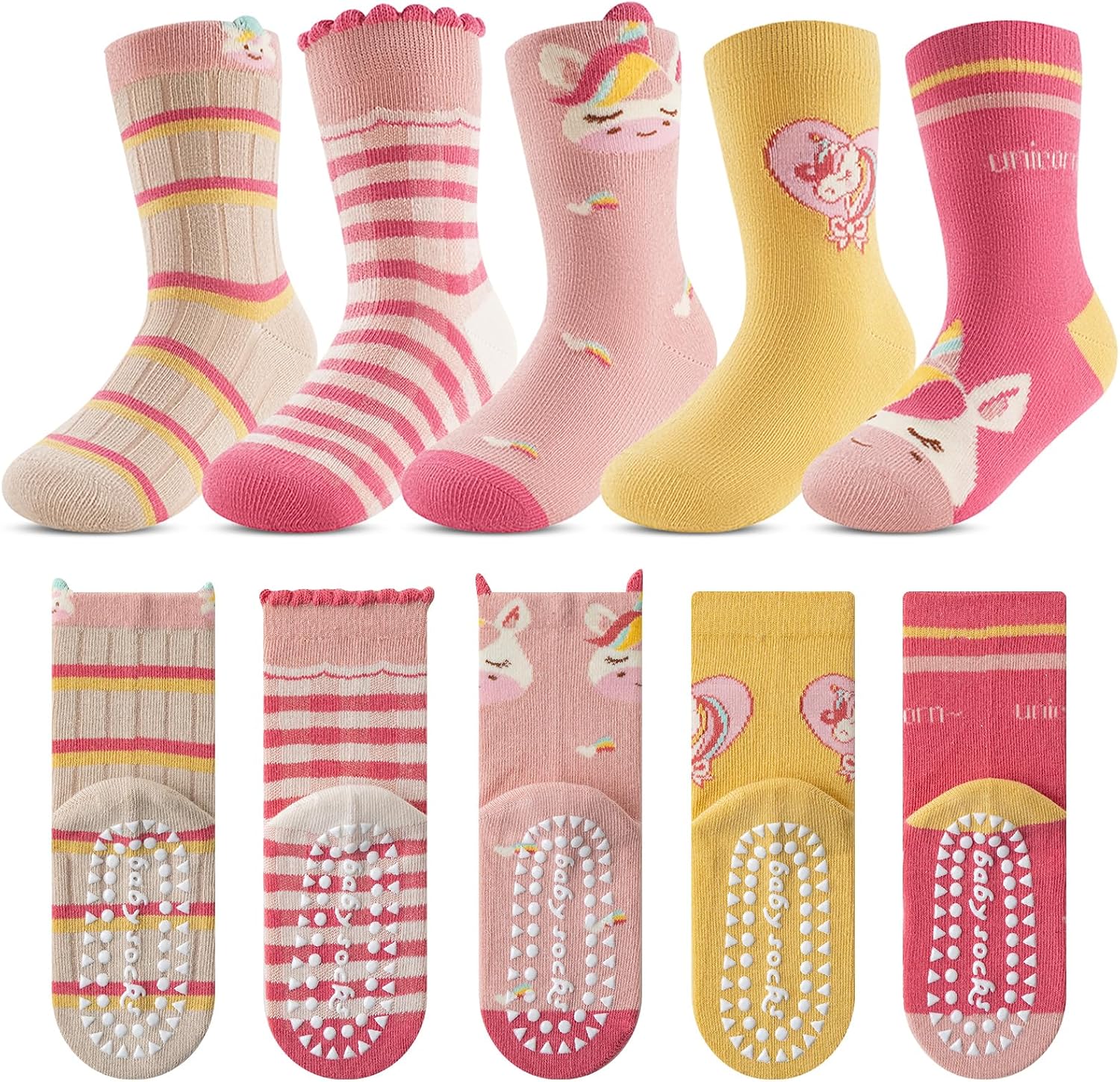 Detalle de Kyopp 5 Paar Stoppersocken für Kinder aus Baumwolle (25–37 EU) mit Tiermotiven und ABS Anti-Rutsch