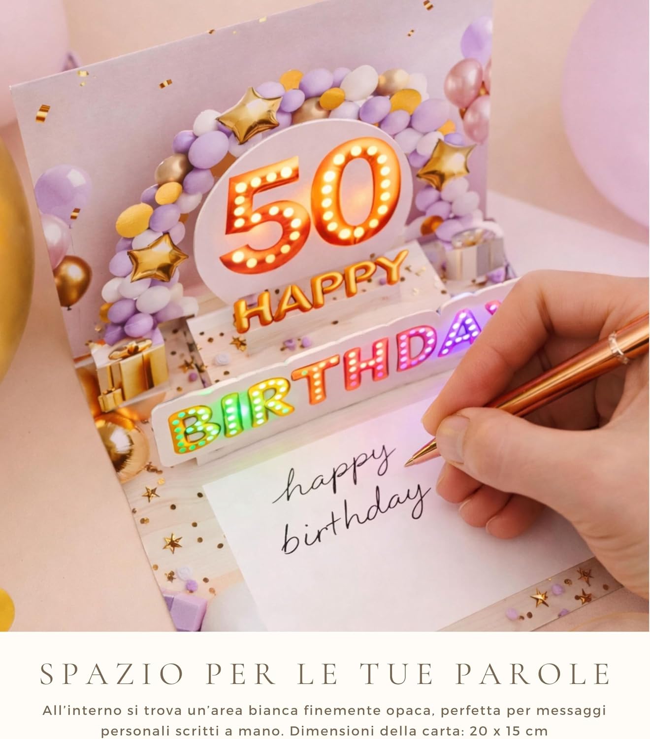 Detalle de Joli Coon – Biglietto auguri 50 anni donna con musica e luce 3D, busta premium e sigillo