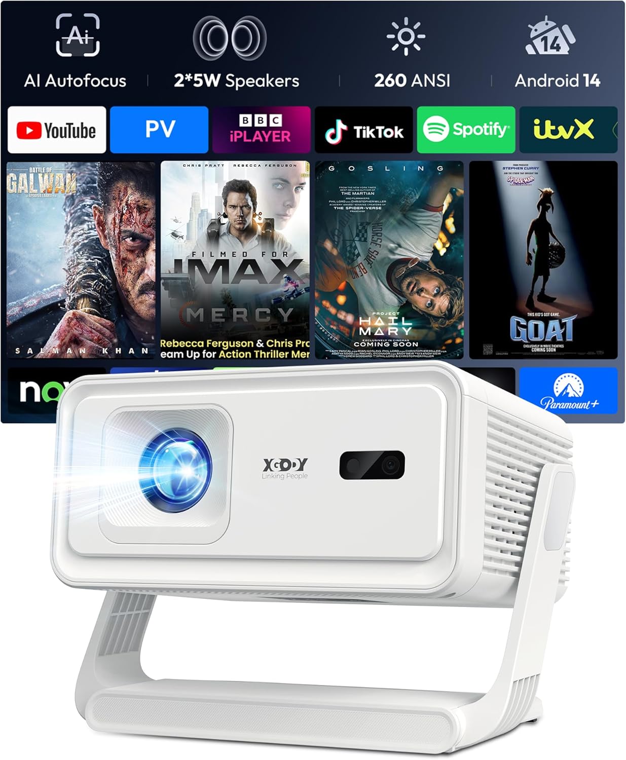Detalle de Xgody Mini Projector with Android 14, AI Auto Focus and 2×5W Stereo Sound (260 ANSI lumens, 720p)