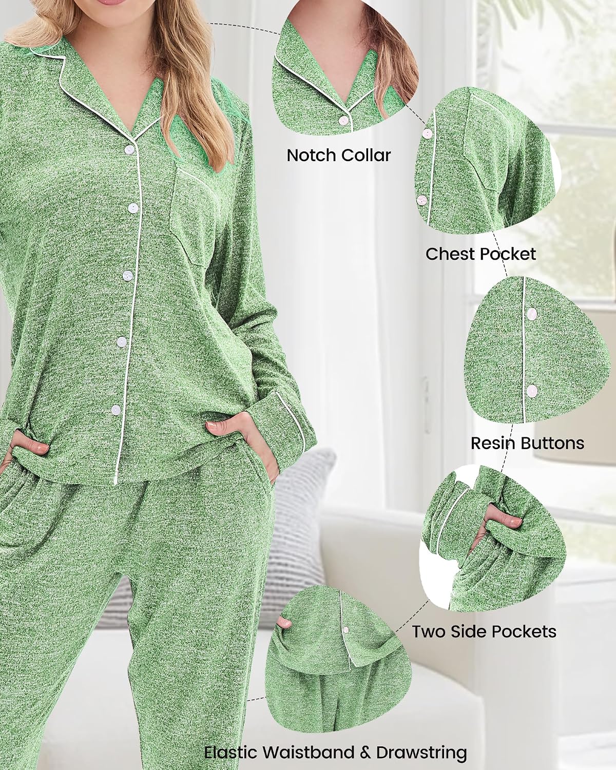 Thumbnail 4 de PJGGZ Women's Long-Sleeve Pajama Set with Button-Down Top and Pocketed Pants