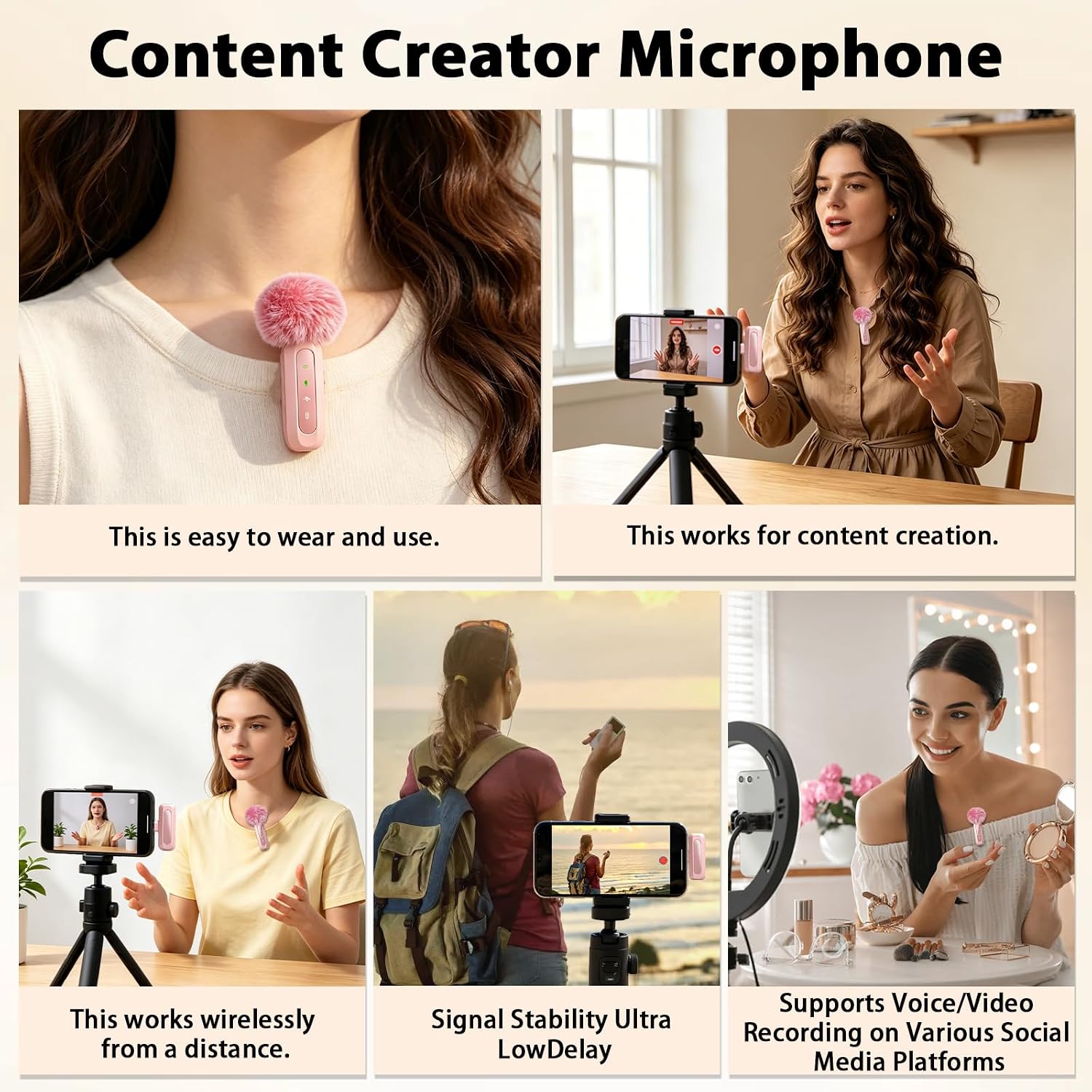 Detalle de Uewpv J3 Wireless Lavalier Microphone, Rose Pink, USB-C, Noise Cancellation