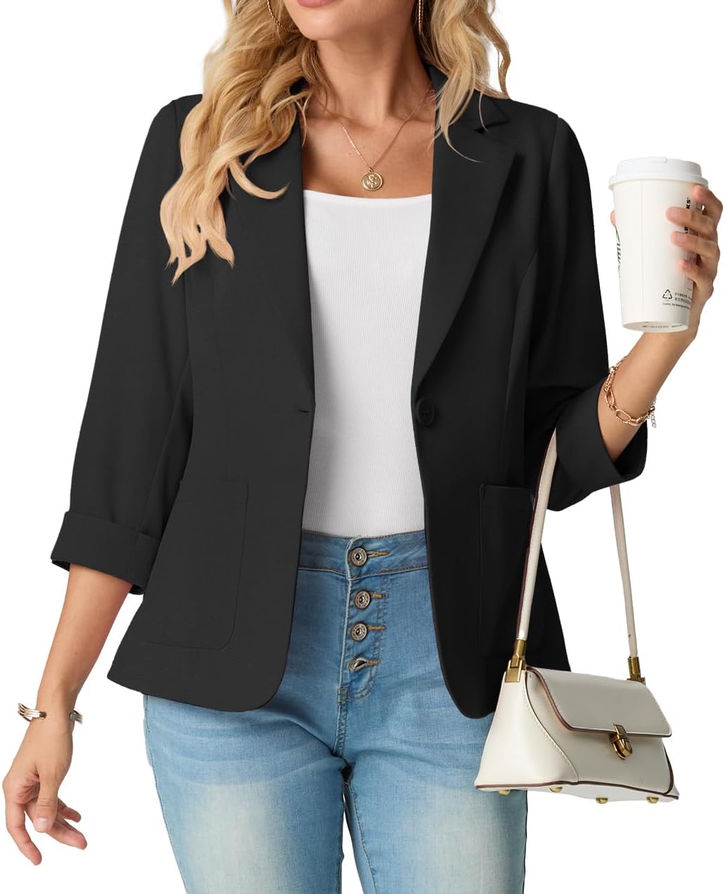 Detalle de GRECERELLE Women's 3/4-Sleeve Blazer with Padded Shoulders and Pockets