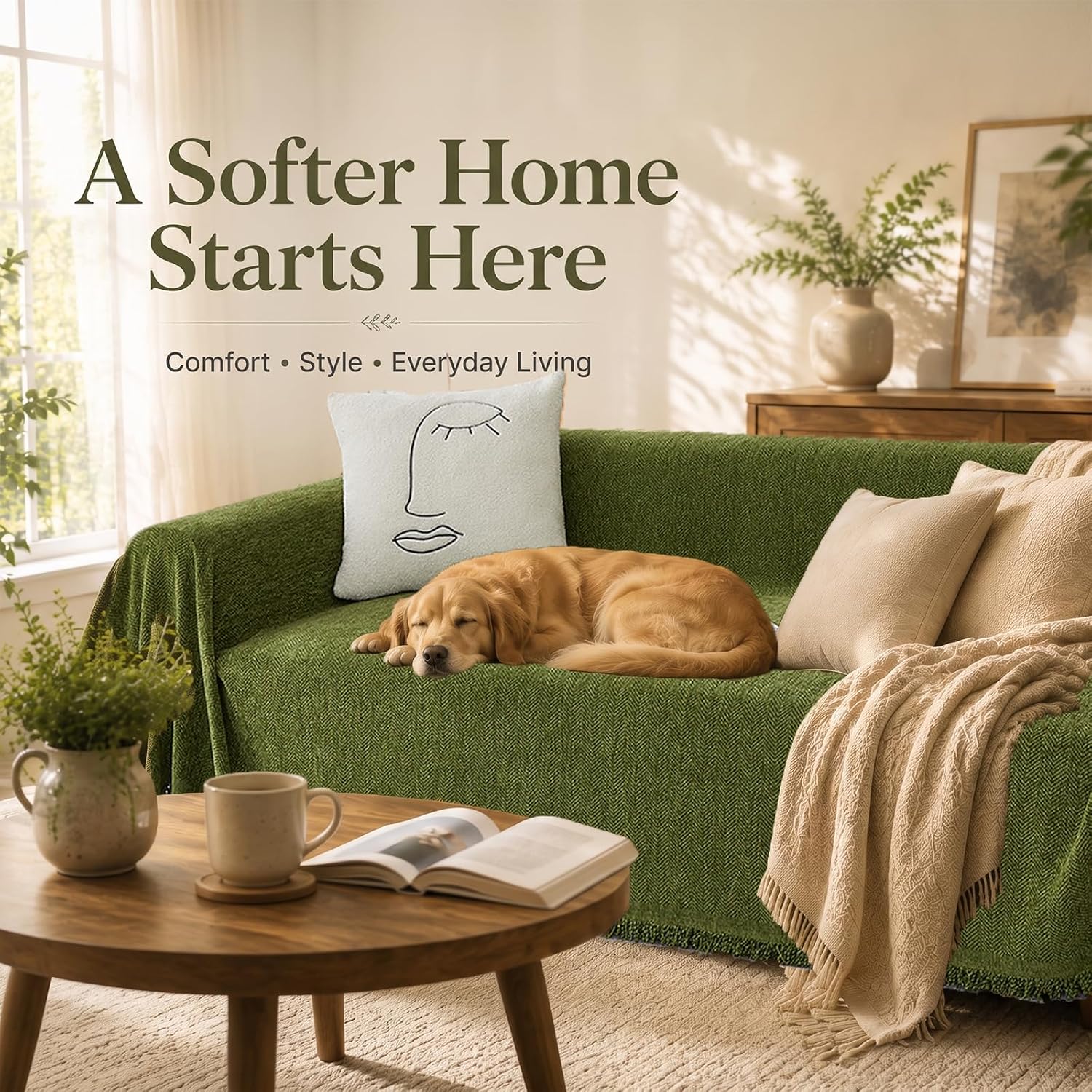 Thumbnail 4 de YHUKB Thick Chenille Sofa Cover, Green Geometric, 71 x 134 in