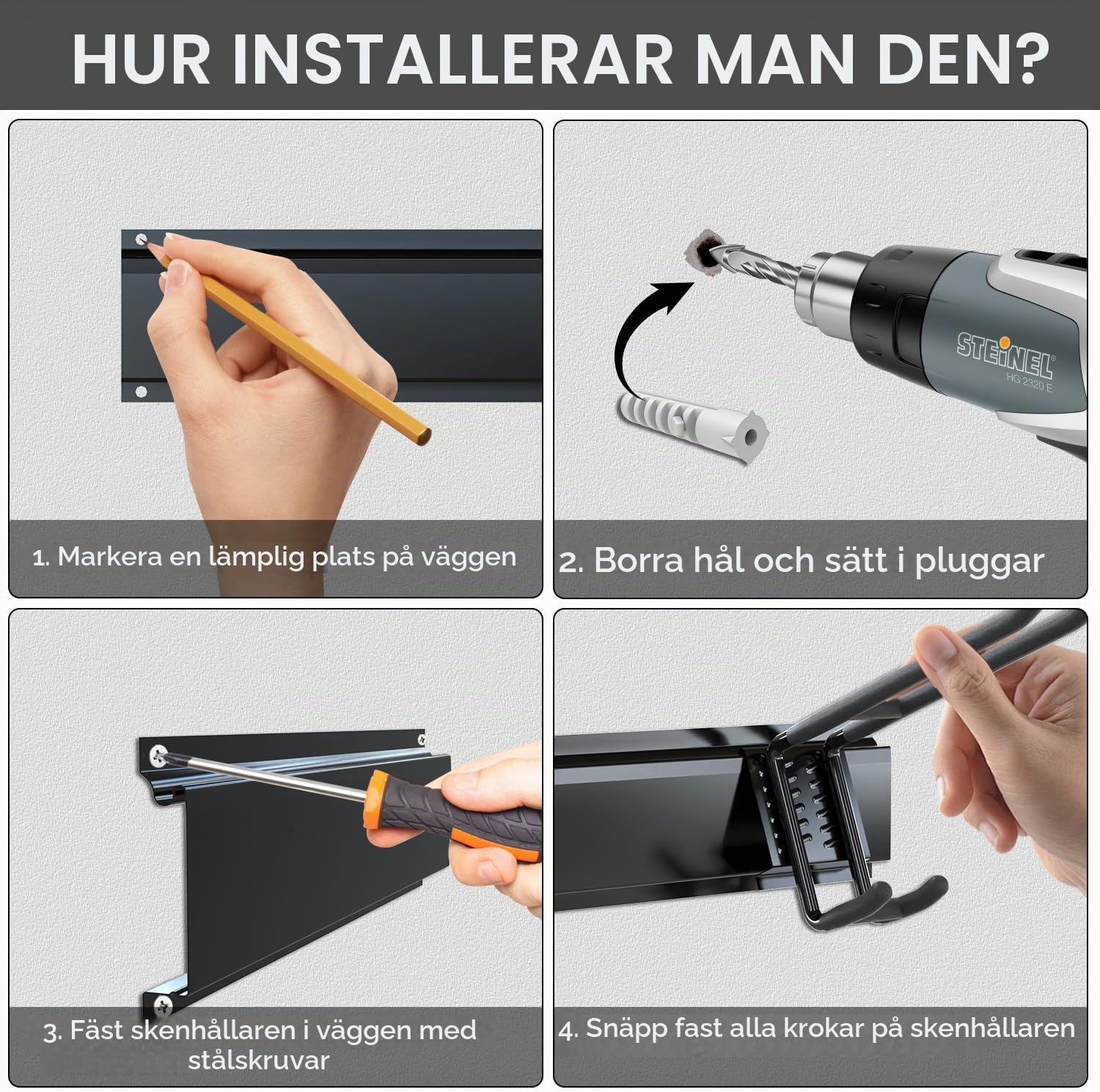 Thumbnail 5 de 3-H 80 cm justerbar redskapshållare för vägg, svart med 9 krokar
