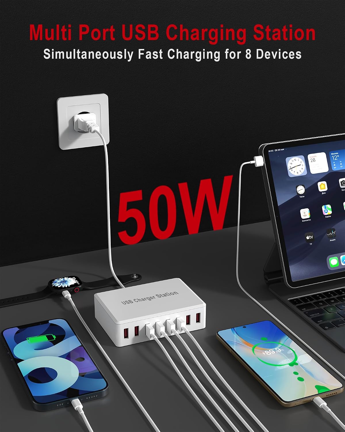 Detalle de Rsydmny USB-laddstation, 8 USB-A-portar, 50 W och 5 V/10 A