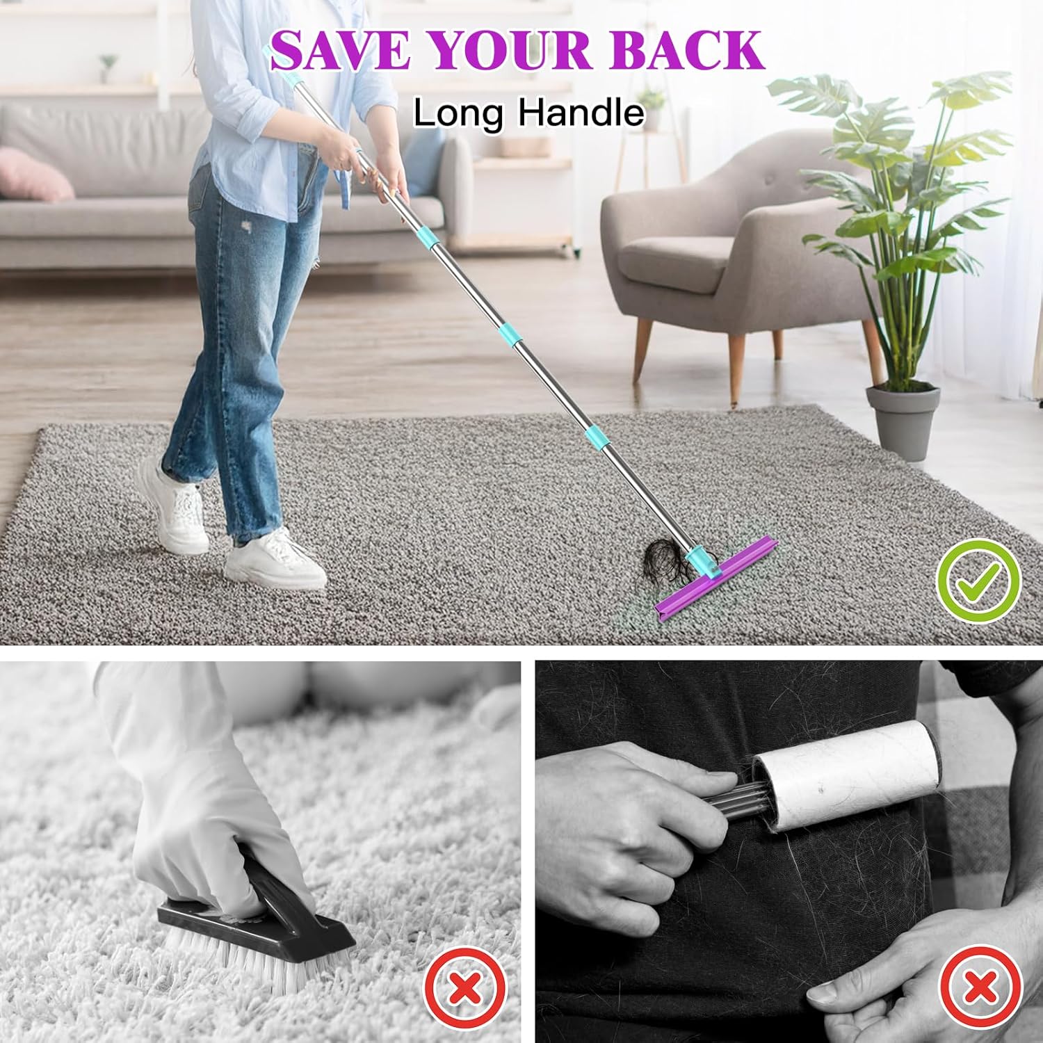 Detalle de Double-Sided Carpet Rake with 57" Long Handle for Dog Hair Removal