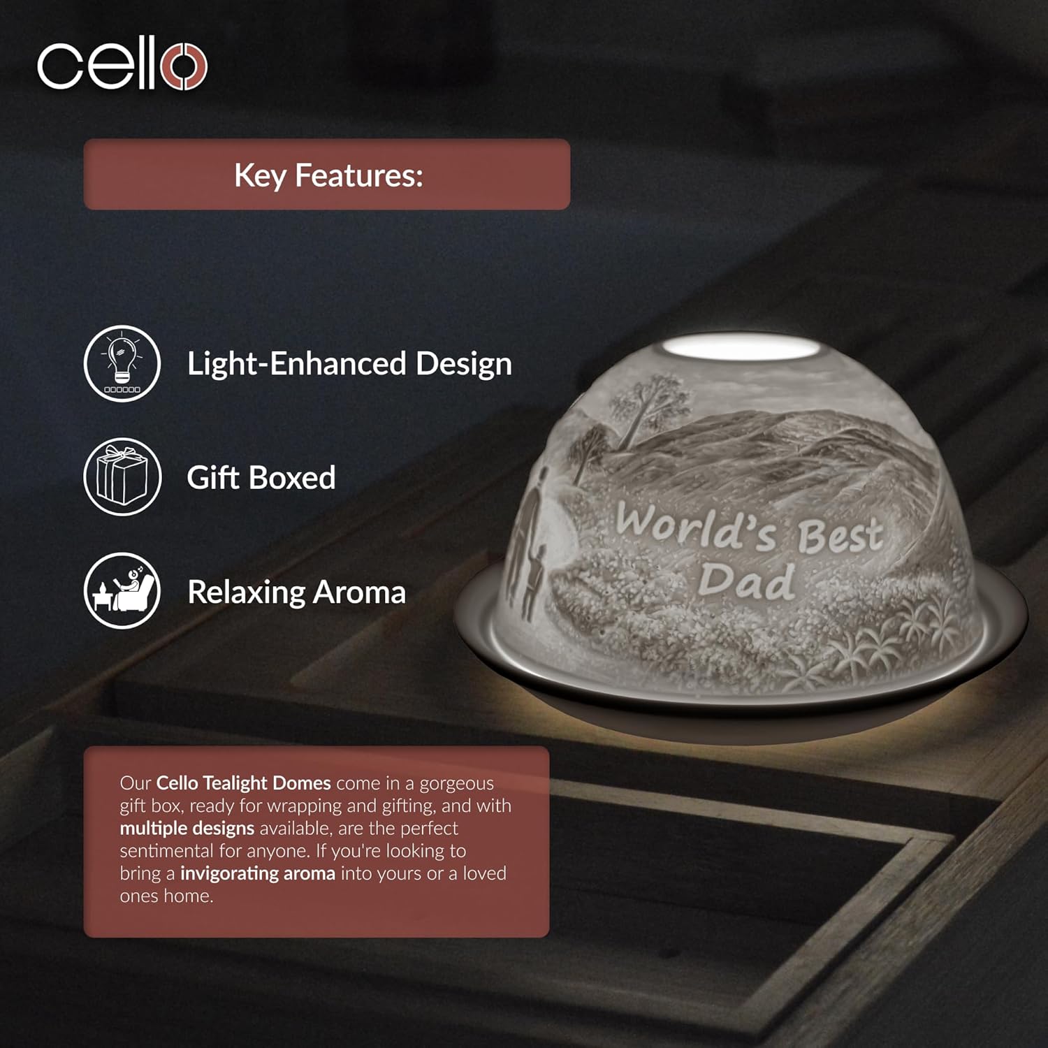 Thumbnail 4 de Cello Porcelain Tealight Holder Dome – “World’s Best Dad” 3D projection dome for tealights & LED candles