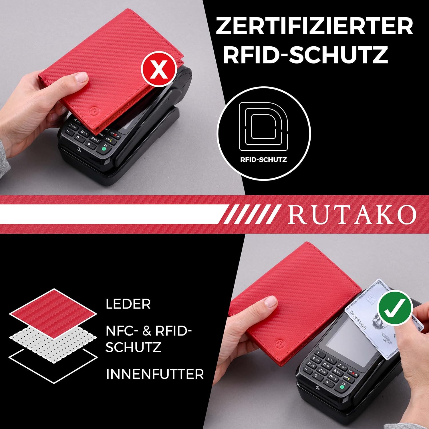 Thumbnail 2 de RUTAKO Herren-Leder-Geldbörse mit RFID-Schutz, Querformat mit Münzfach und 12 Fächern (Carbon-Rot)