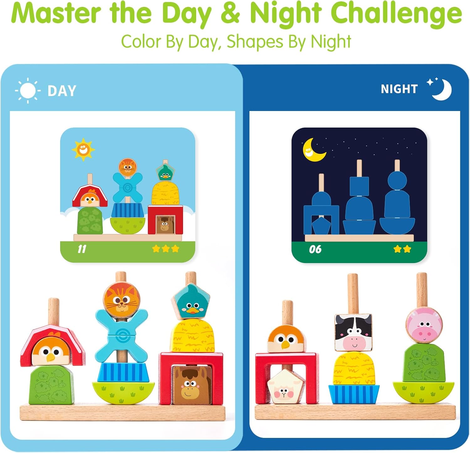 Thumbnail 2 de hahaland Wooden Farm Stacking & Sorting Toys for Toddlers (1+ Year) – Montessori-inspired, with Animal Blocks & Day-Night Cards
