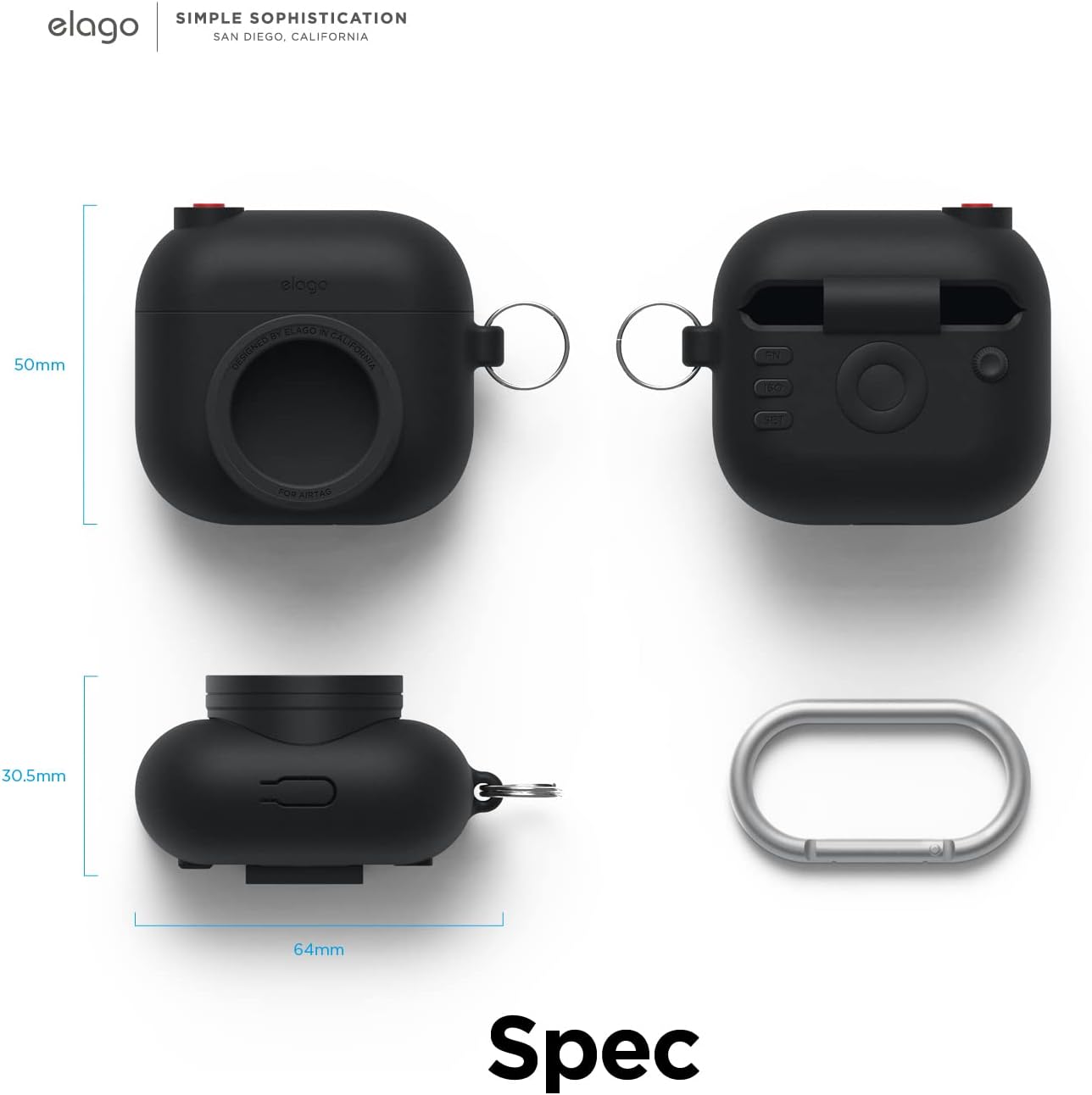 Thumbnail 6 de elago Coque instantanée pour AirPods 3 avec emplacement AirTag et porte-clés (design classique appareil photo) – Noir