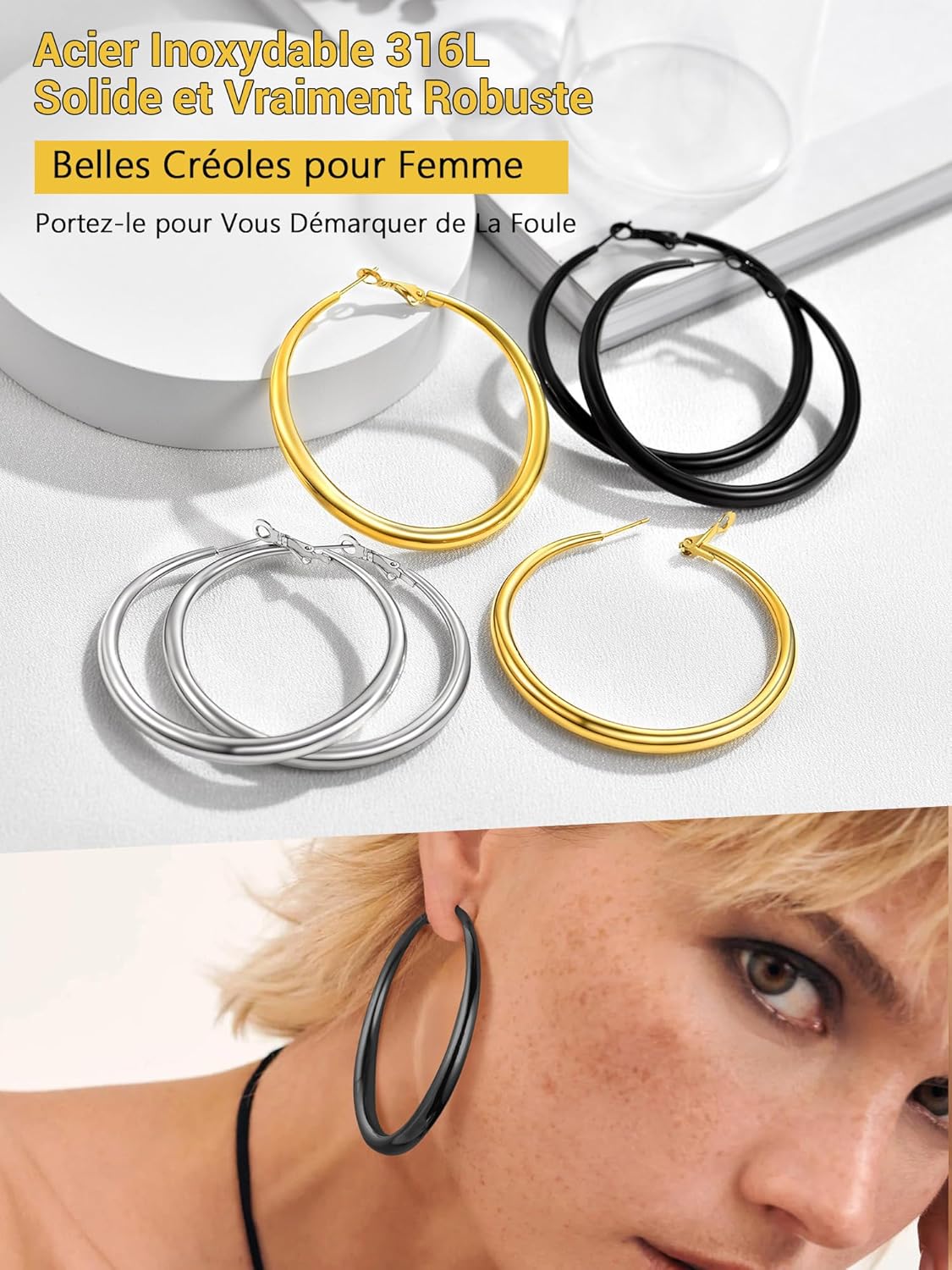 Thumbnail 6 de PROSTEEL Créoles femme en acier inoxydable 316L (40 mm/60 mm/80 mm) – anneaux type hoop