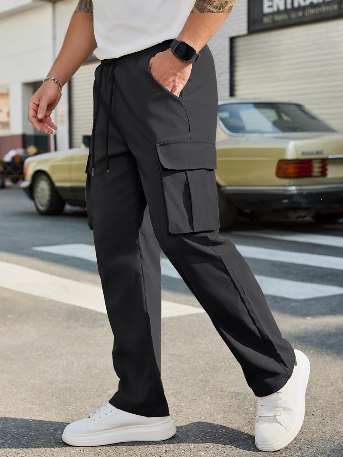 Detalle de PLEPAN Men’s Casual Cargo Pants with Drawstring Waist, Pockets for Hiking, Workout & Everyday Wear