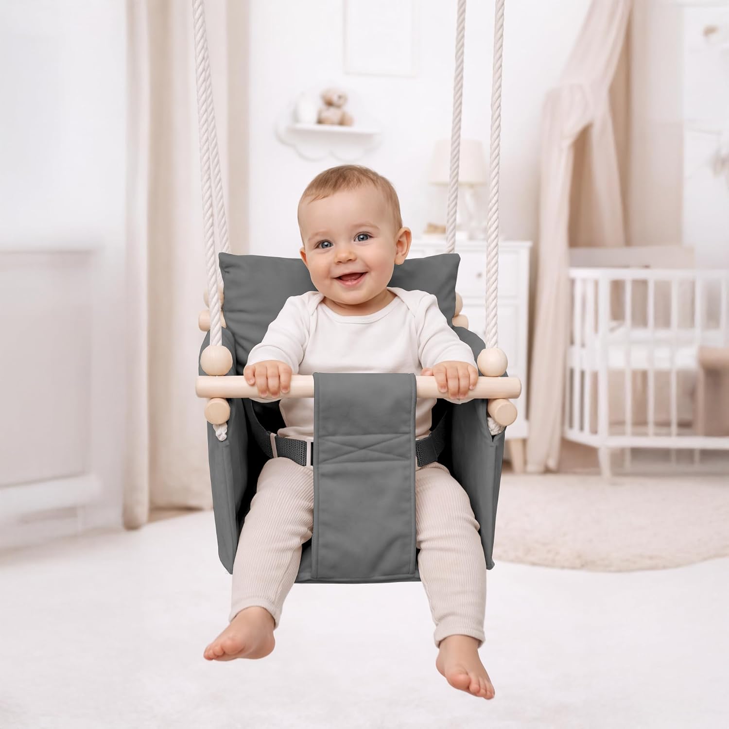 Detalle de MAMOI® balançoire d’intérieur bébé et enfants en bois et coton (balancelle scandinave)