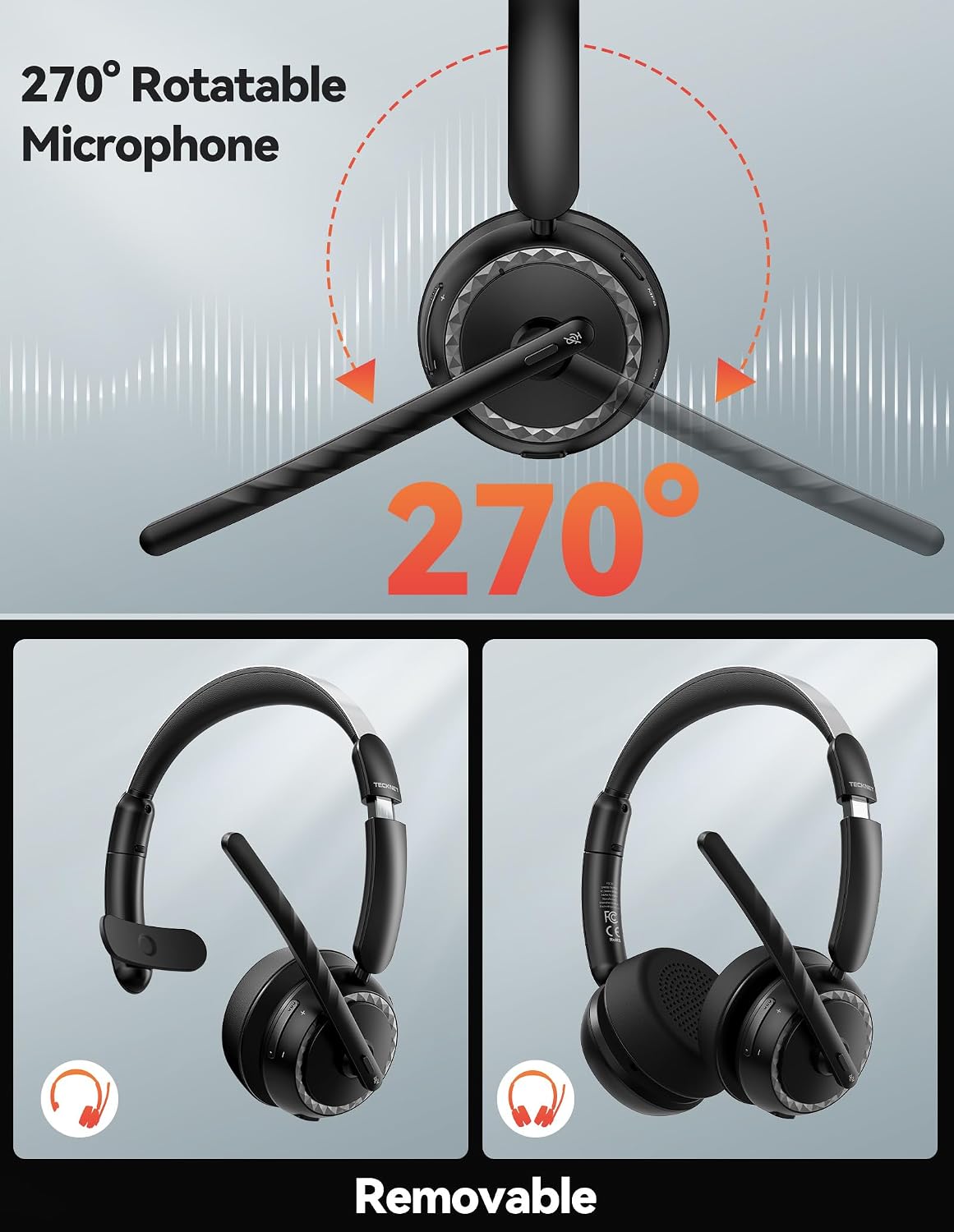 Detalle 1 de TECKNET TK-HS016 Bluetooth Headset with AI Noise-Cancelling Mic and Charging Stand