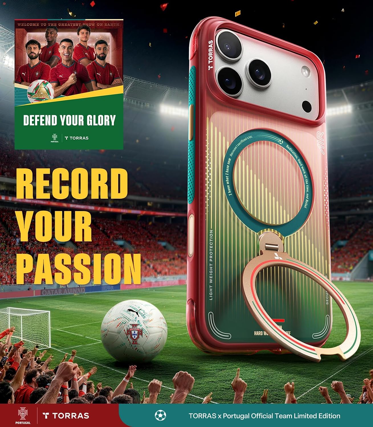 Detalle de TORRAS Q3 Air World Cup Edition for iPhone 17 Pro Max with 360° MagSafe Stand