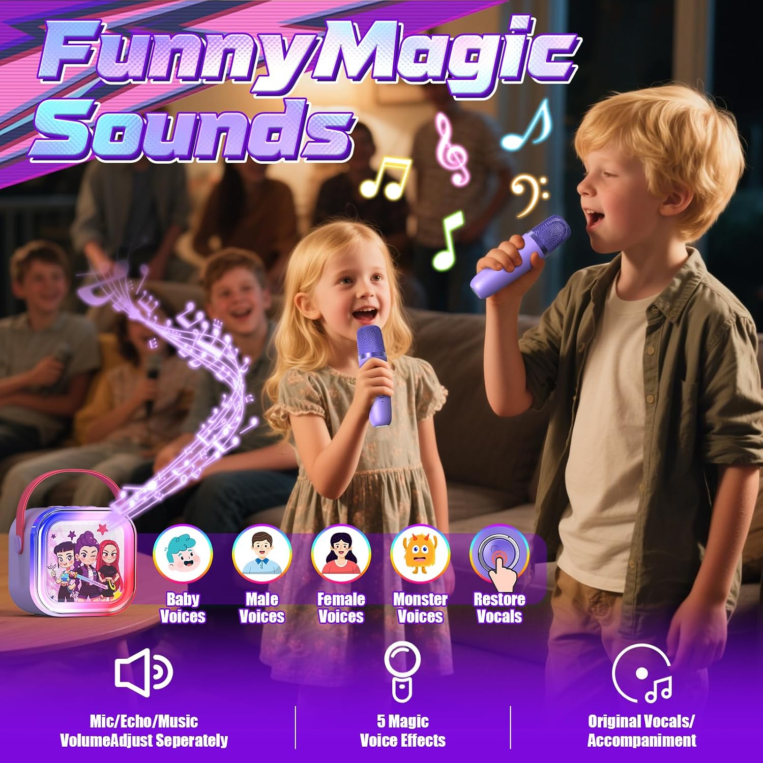 Detalle de Mini Karaoke Machine for Kids (Ages 3–12) with 2 Wireless Mics, 5 Voice Effects, LED Lights, Portable Bluetooth Speaker