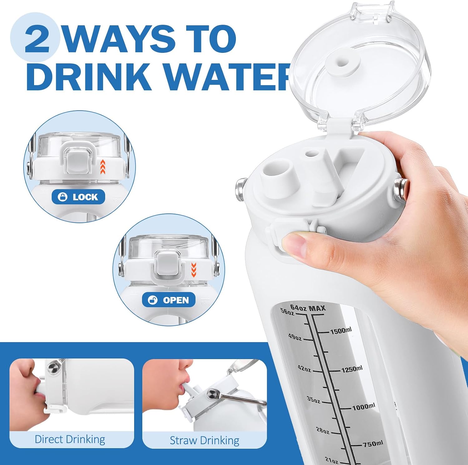 Detalle de BLUEGO BLG-64HL-White vattenflaska i borosilikatglas, 2 000 ml