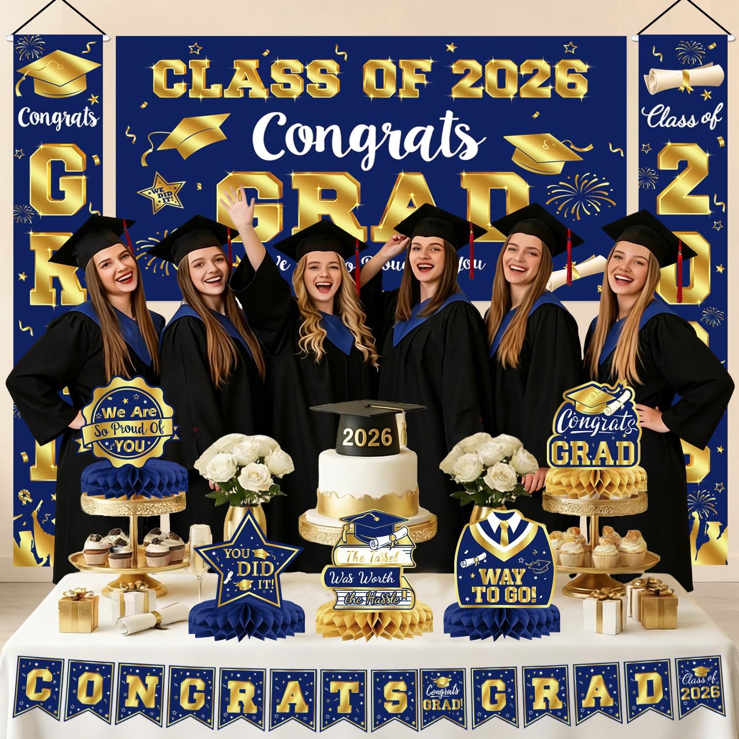 Detalle de LINHAXM 2026 Graduation Decorations Set (Navy Blue & Gold) — Congrats Grad Banner, Backdrop, Porch Sign, Balloons & More