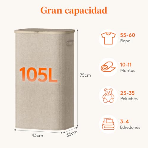 Detalle de Lifewit cesto ropa sucia 105 L beige