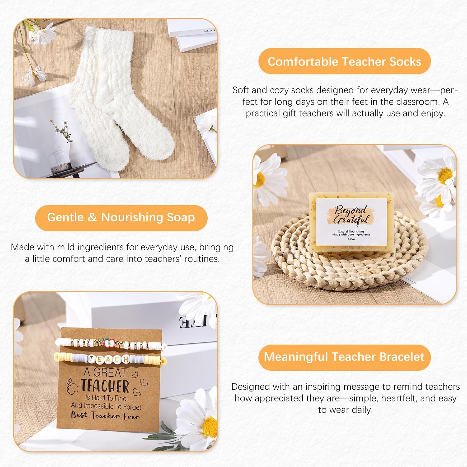 Detalle 2 de UAREHIBY Teacher Appreciation Gifts for Women — Bulk Gift Set with Crochet Sunflower, Glass Jar, Candles, Socks, Soap, Bracelet, Markers, and Card