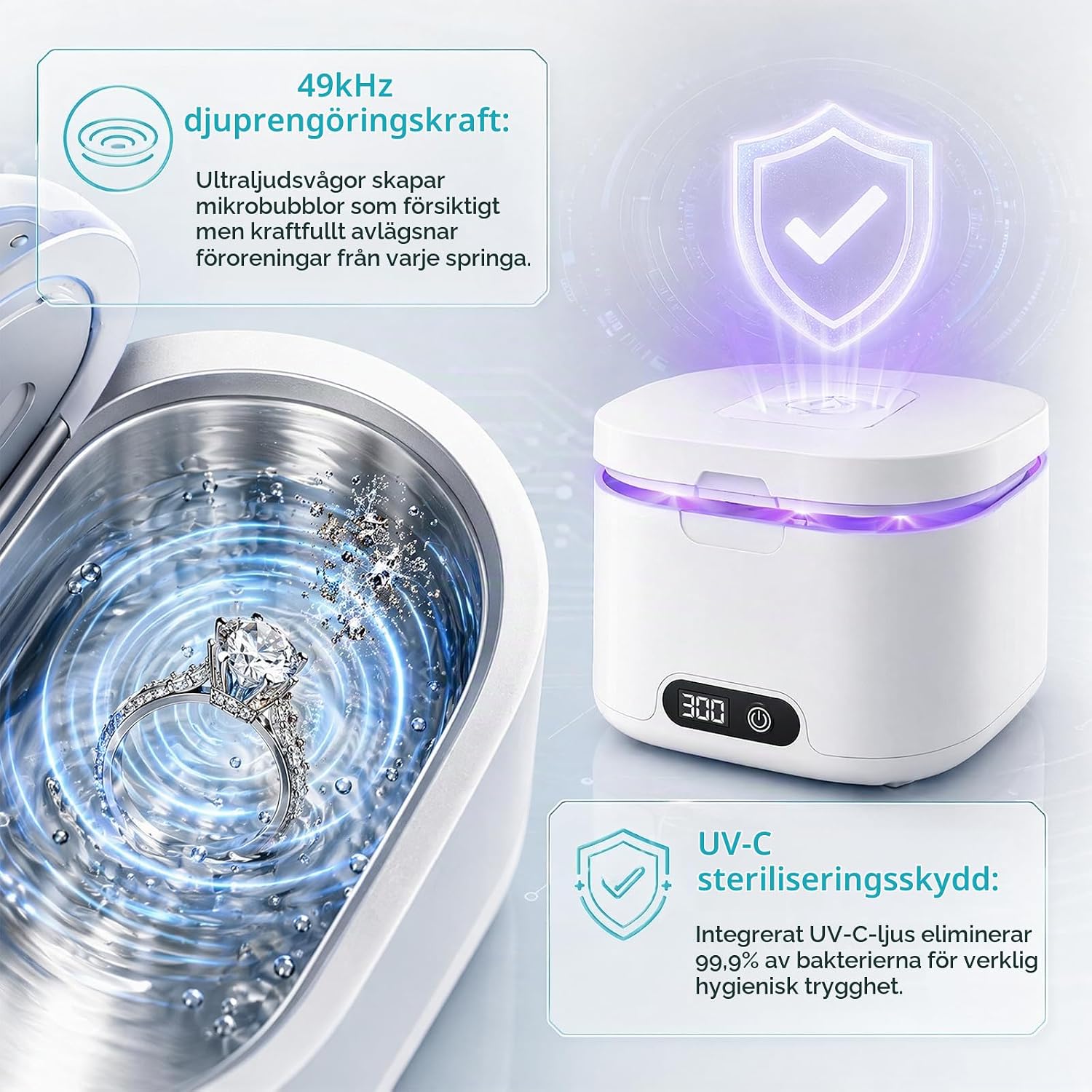 Detalle de ZORVENIX ultraljudsrengörare 49 kHz, 340 ml med UV-ljus och fyra lägen
