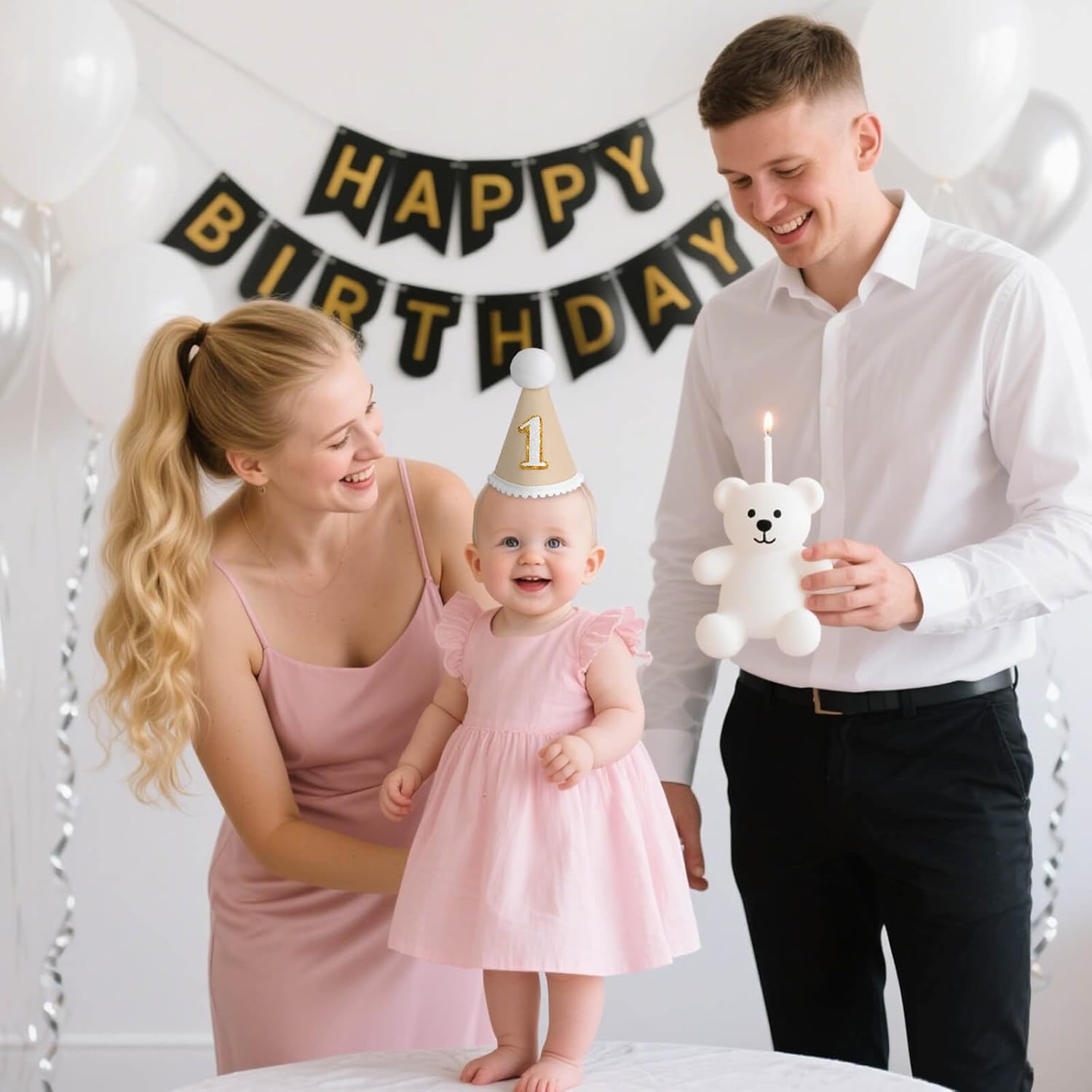 Thumbnail 1 de DRESHOW 1st Birthday Baby Party Hat – Cone Hat with Pom Poms for Cake Smash and Photo Props