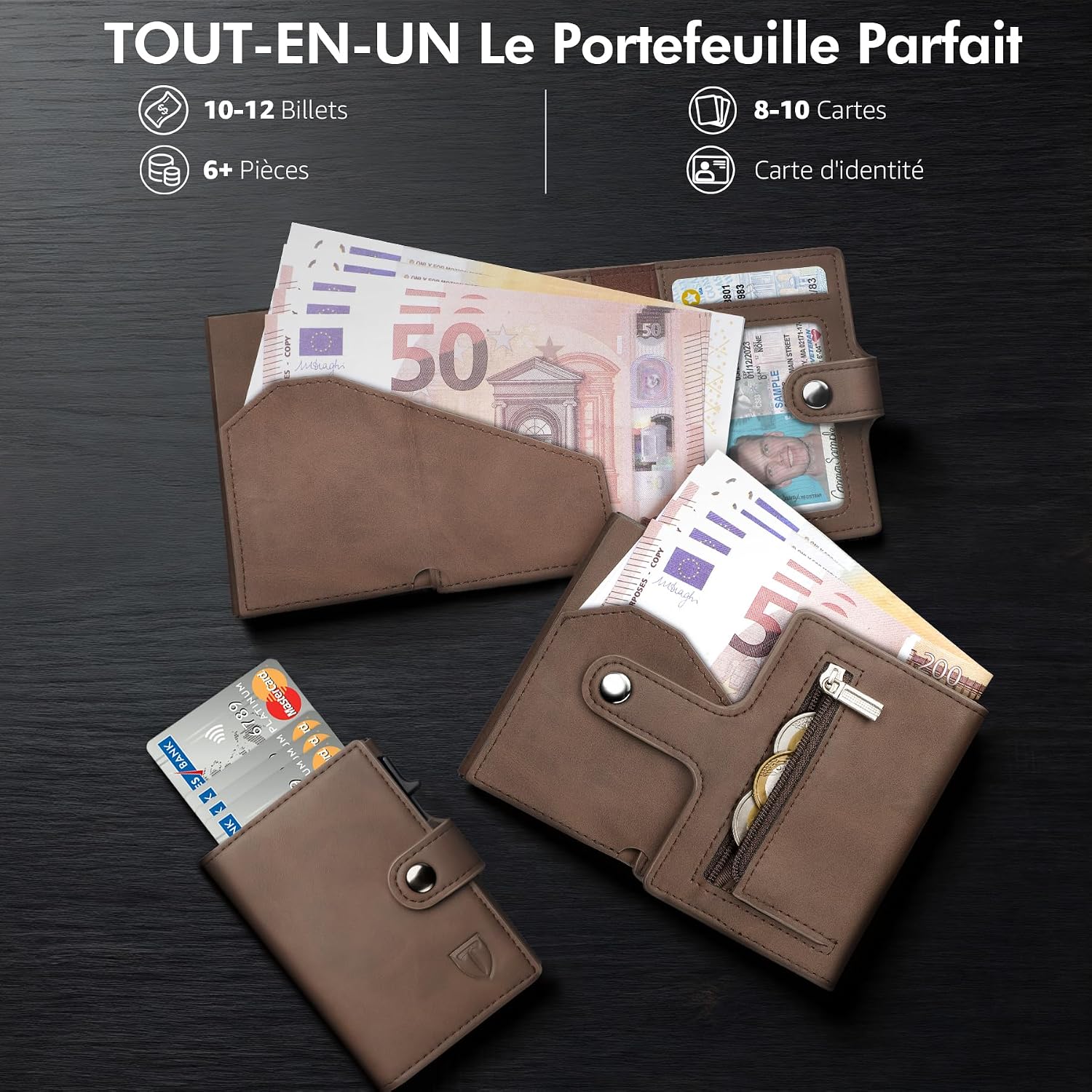 Detalle de TENBST Portefeuille en Cuir pour Homme avec Blocage RFID – 8 Porte‑Carte, Compartiment à Billets et Poche à Monnaie