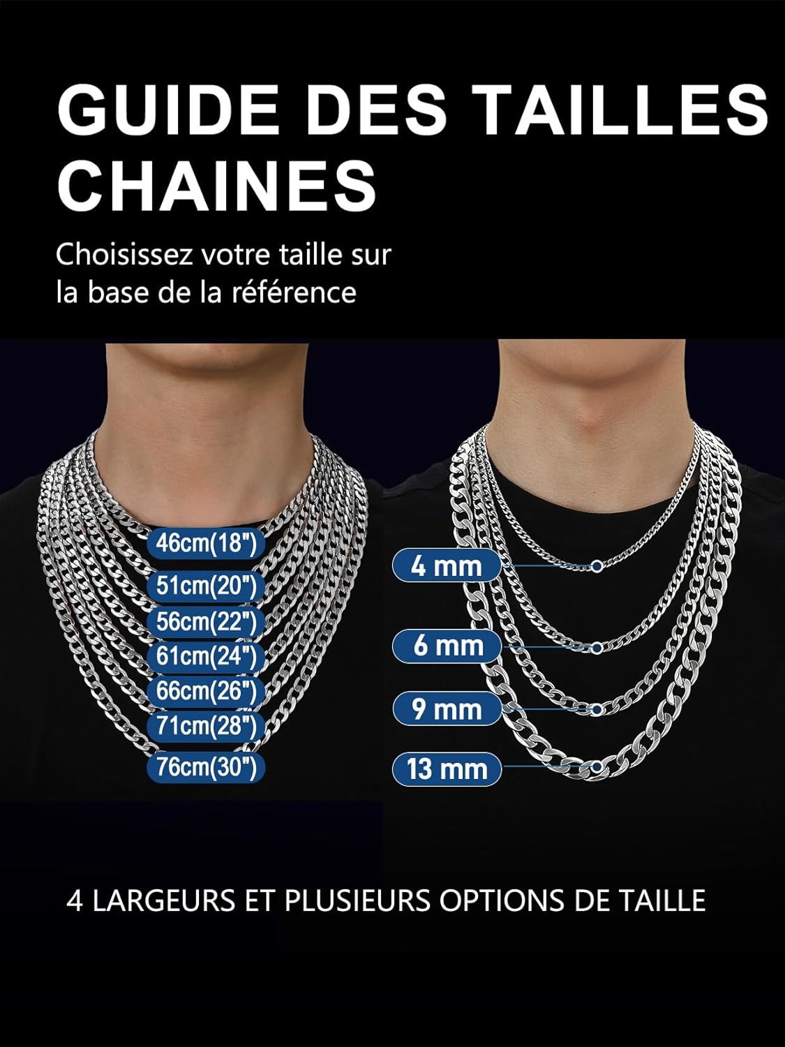Thumbnail 5 de Collier Cuban Large ChainsPro en acier inoxydable pour homme – 4/6/9/13 mm, 46–76 cm