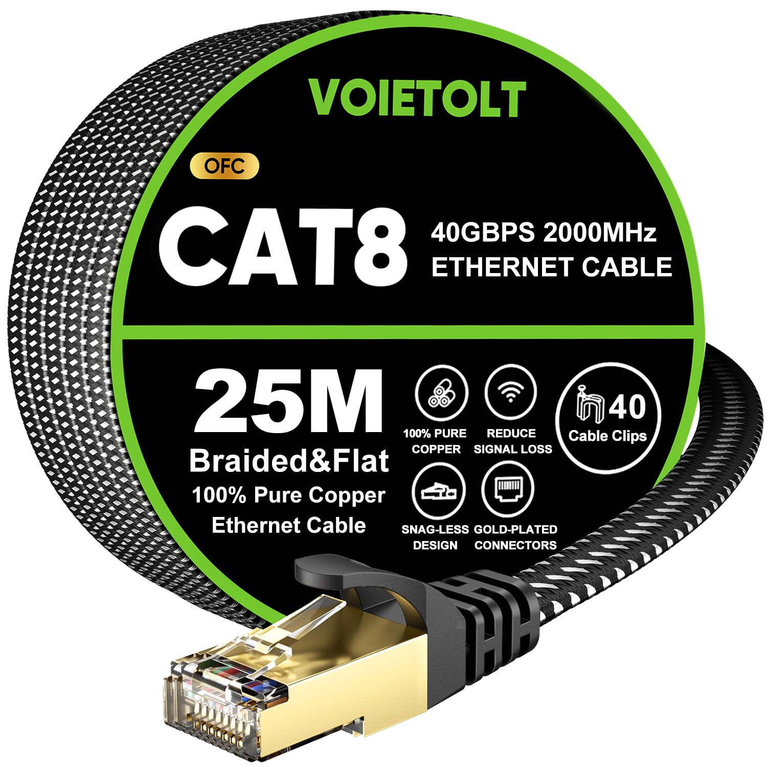 Detalle de VOIETOLT Cat 8 Ethernet Cable (25m) – 40Gbps/2000MHz Flat Braided STP RJ45 for Gaming & Home Networking