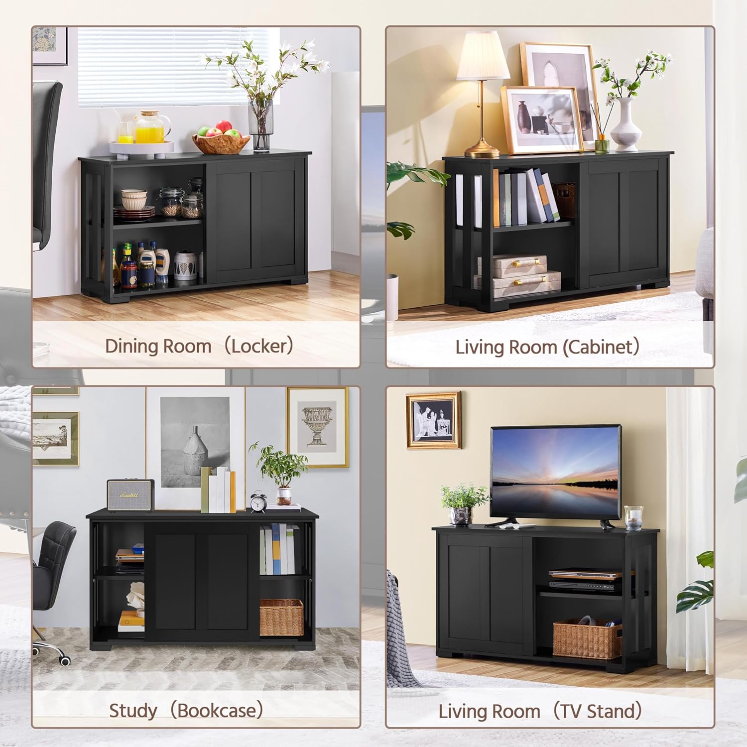 Detalle 2 de Yaheetech stackable sideboard/buffet cabinet in black with sliding doors and adjustable shelf (106.7 x 33 x 63 cm)