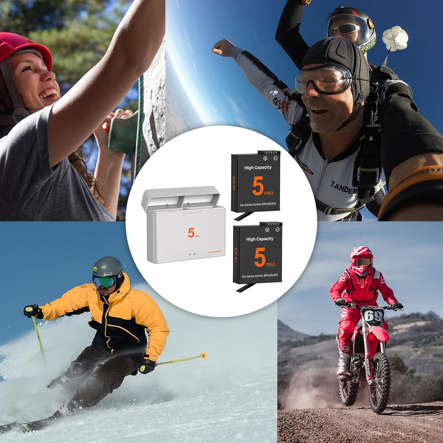 Detalle de TQTHL Osmo Action 5 Pro / 4 / 3 Battery Charger Kit (2 x 2800mAh) for Osmo Action Cameras