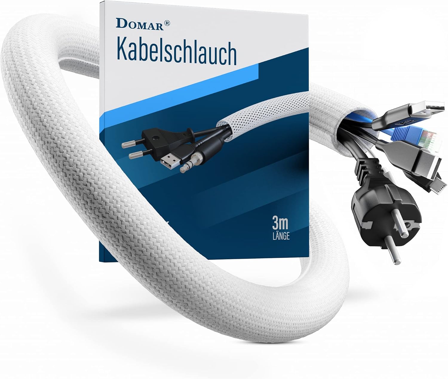 Detalle de DOMAR® 3m Kabelschlauch selbstschließend & flexibel – Weißer Kabelkanal für Kabelmanagement am Schreibtisch
