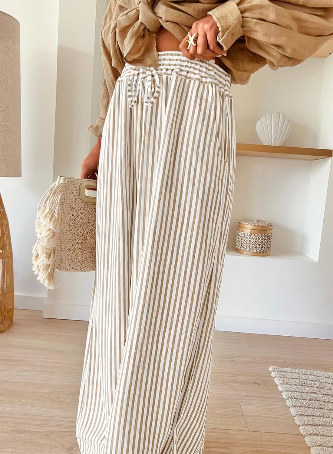 Thumbnail 2 de Acelitt Women Casual Drawstring Elastic Waist Striped Wide-Leg Pants with Pockets (S–XXL)