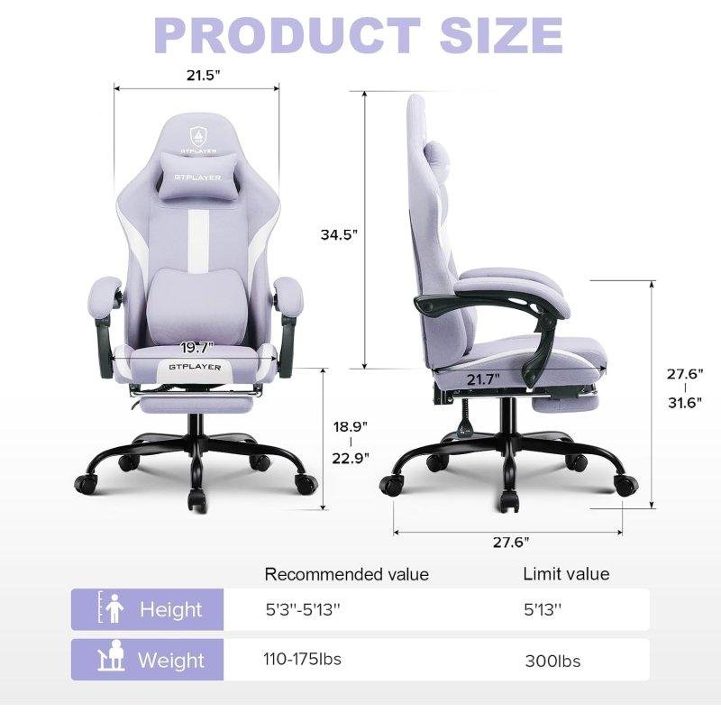 Detalle de Silla Gaming Ergonómica GTPLAYER Púrpura con Reposapiés y Reposacabezas — soporte y confort para largas sesiones