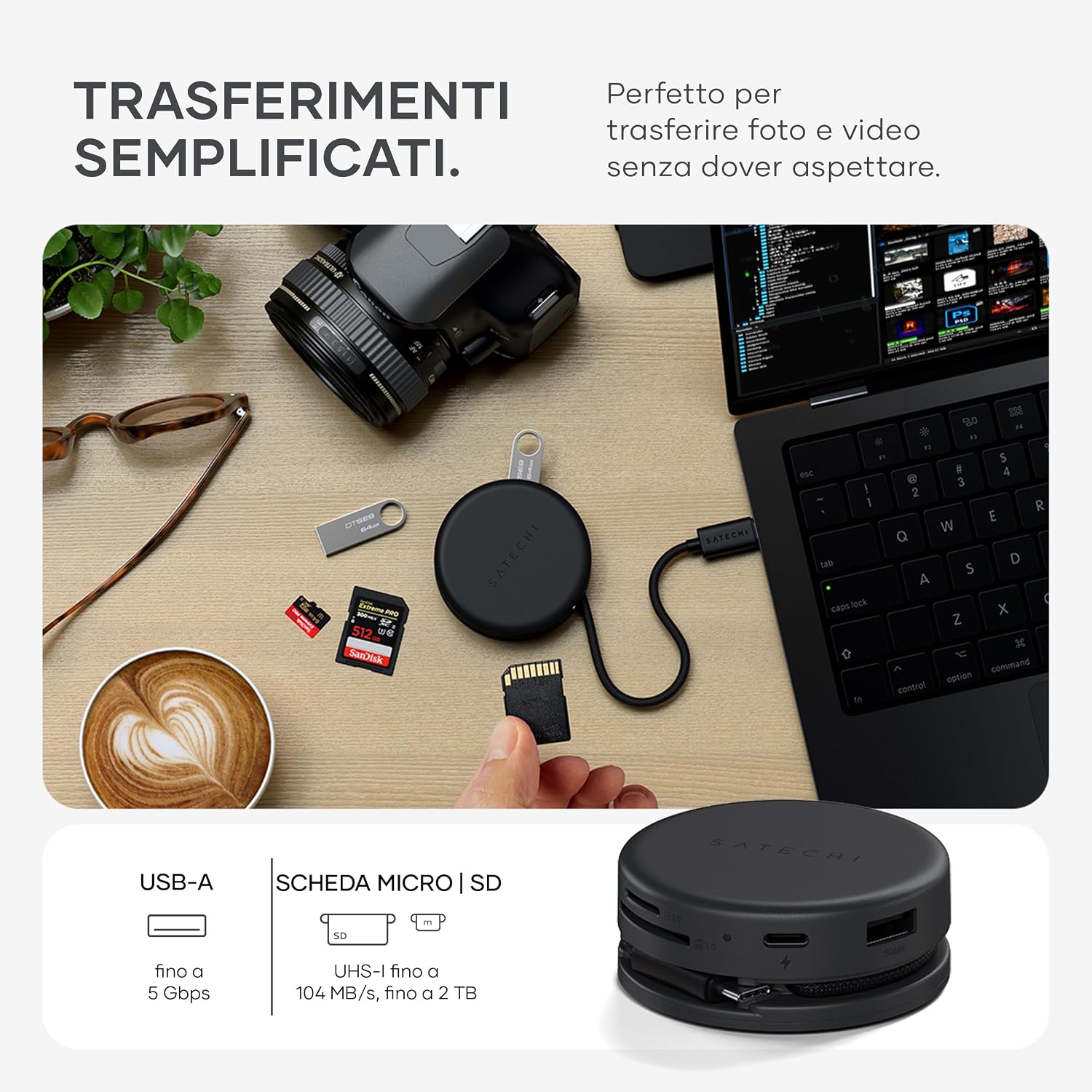 Detalle de SATECHI OntheGo Hub USB-C Magnetico 7 in 1 with Cable Avvolgibile – Nero