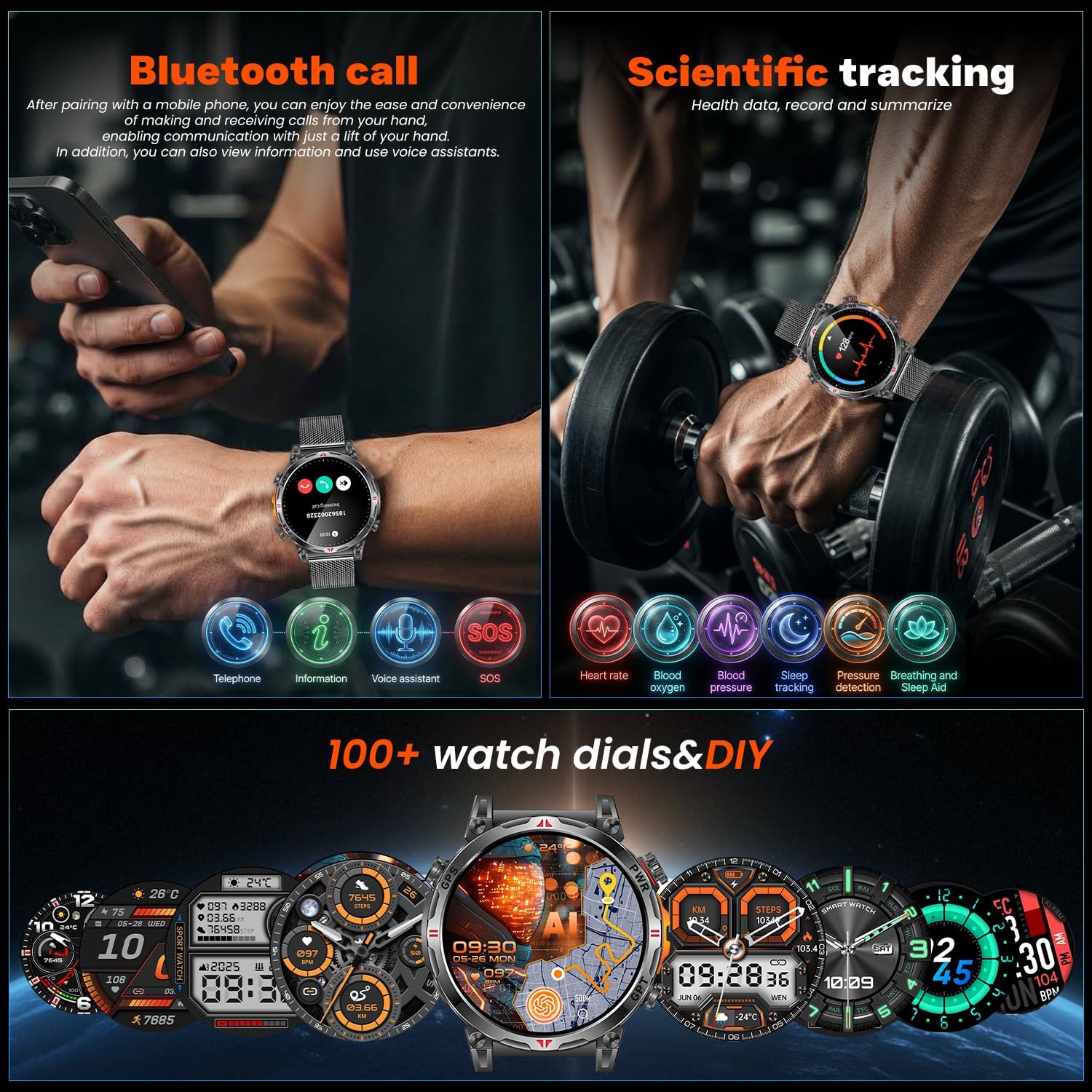 Thumbnail 4 de Montre connectée GPS homme AMOLED 1,7" Amoeld avec boussole, altimètre, baromètre et appels Bluetooth