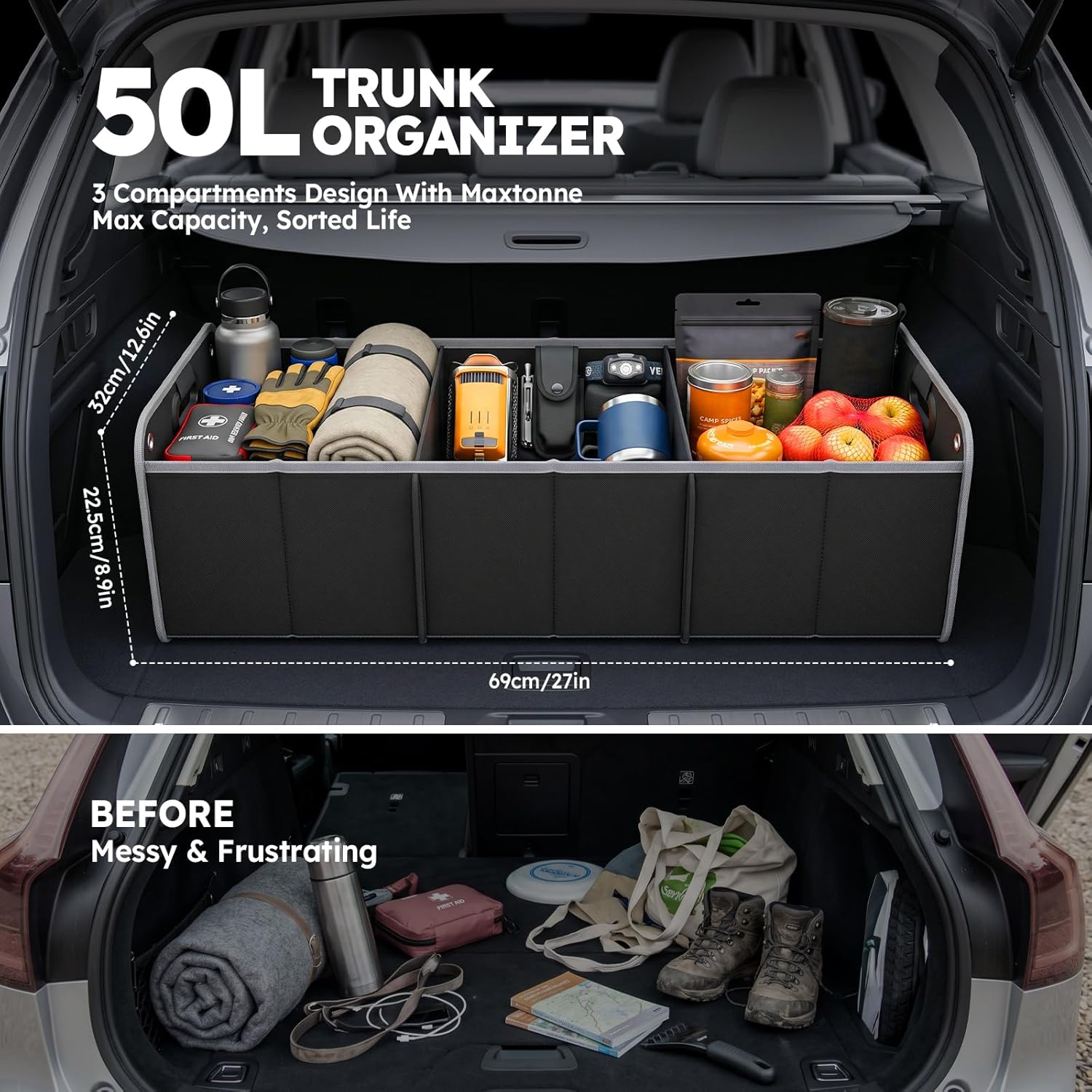 Thumbnail 1 de Maxtonne Car Boot Organiser: Heavy-Duty 50L 3-Compartment Storage for SUVs and Hatchbacks