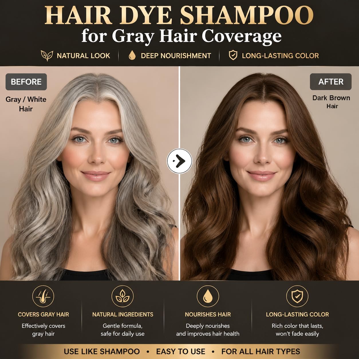 Detalle de Dark Brown Hair Dye Shampoo 3 in 1 – Nero per Capelli Bianchi, 500ML