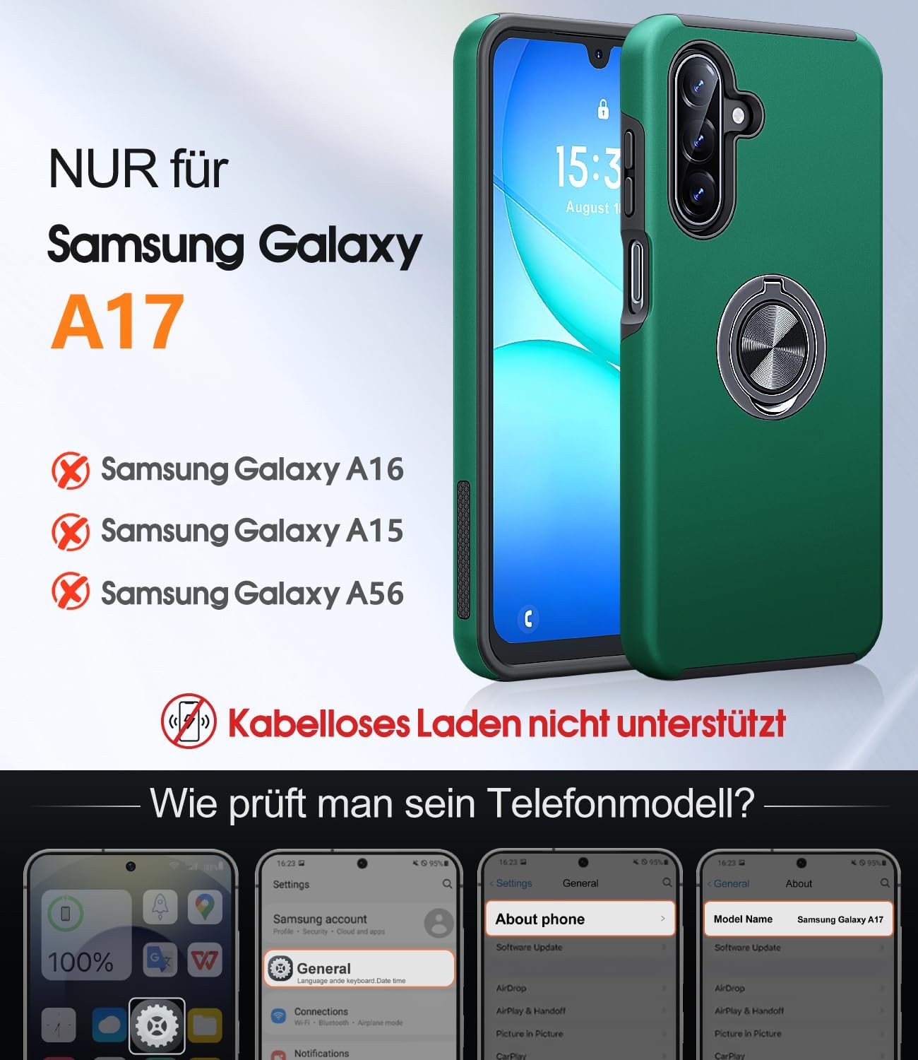 Detalle de AOUIA Schutzhülle für Samsung Galaxy A17 5G mit 2x Panzerfolie, 360° Ring-Ständer & Militärschutz – Grün
