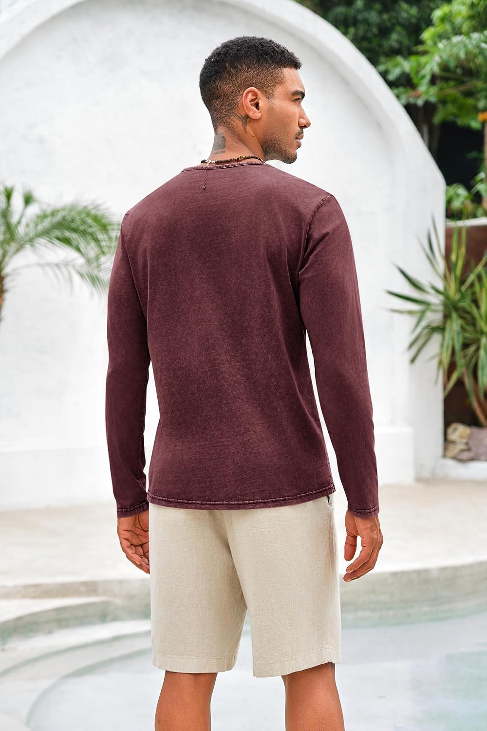 Detalle de Beotyshow Herren Langarm-Henley-Shirt im Vintage-Look (Slim Fit) – leichtes Baumwollhemd