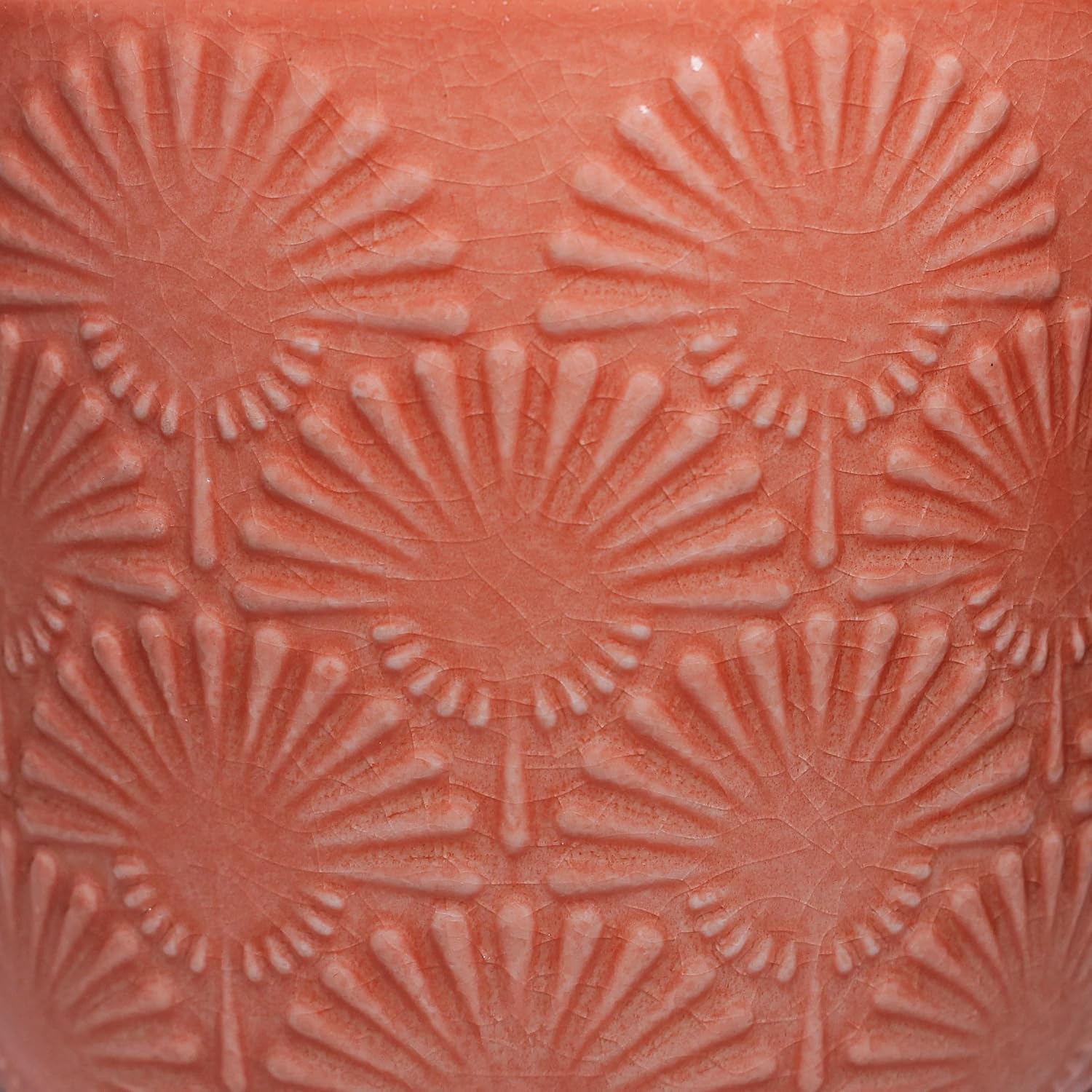 Detalle de Xiaan Jiaju Coral Blush Ceramic Planter with Fanburst Texture and Drainage Hole