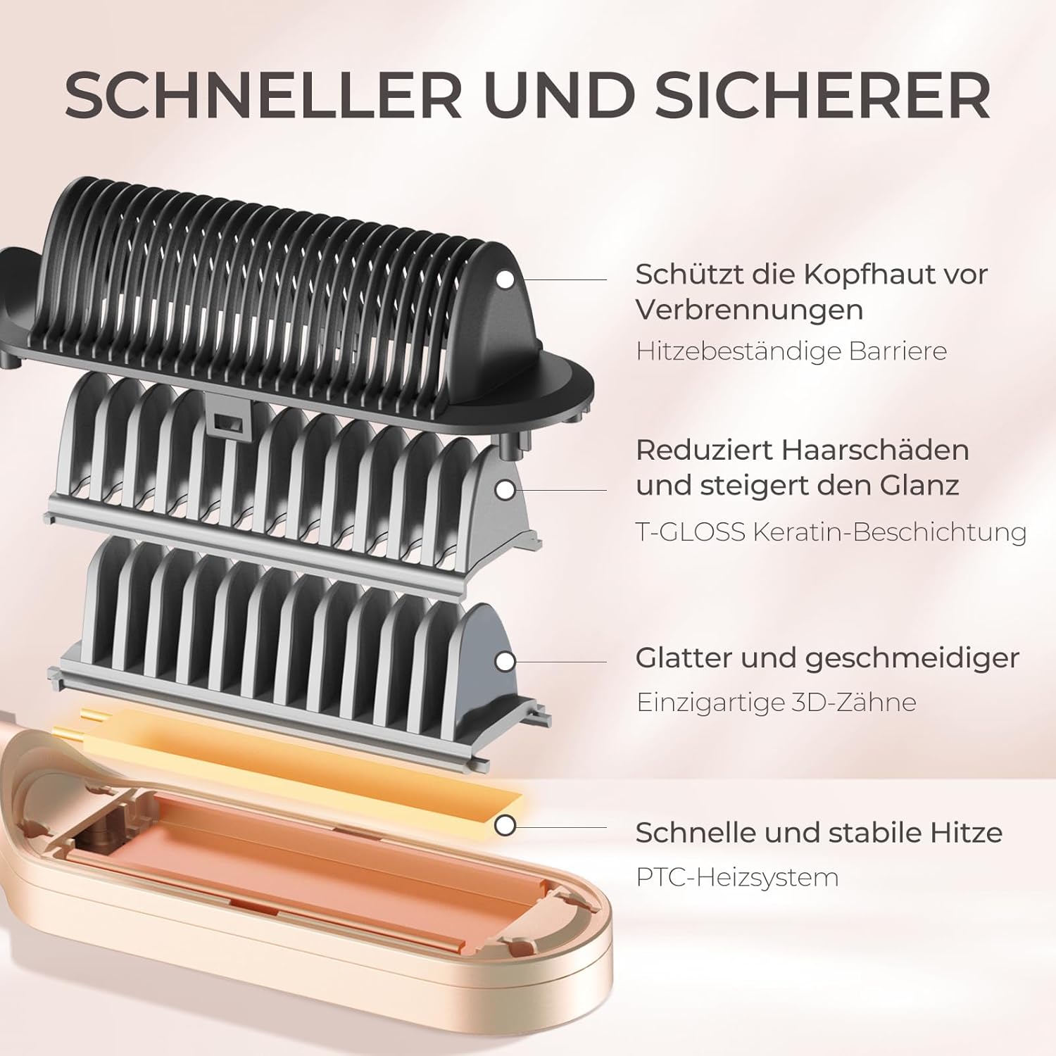 Thumbnail 4 de TYMO RING Glättbürste 2-in-1 mit Keramik Glätteisen und Haarbürste, Pfirsich