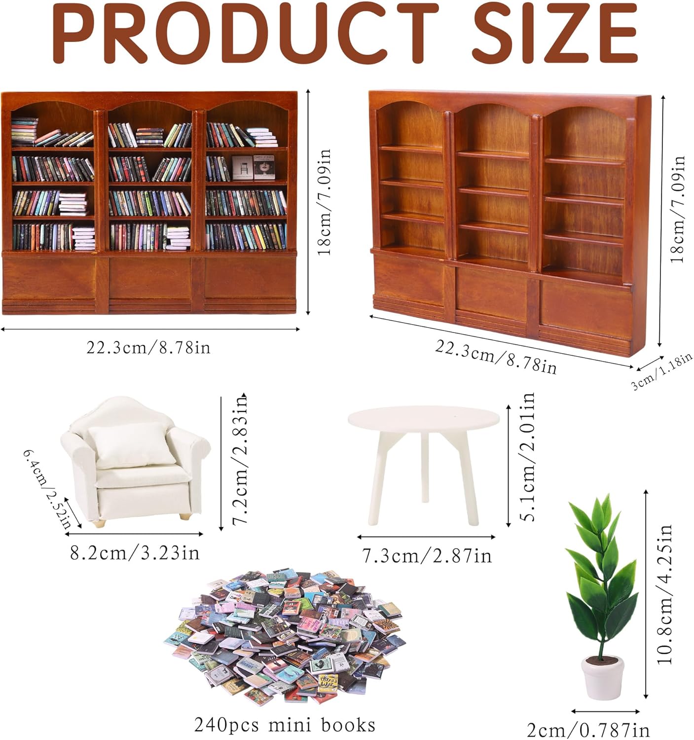 Detalle de DIYDEC Mini Bookshelf with 240 Mini Books + Sofa Desk Plant Ornament